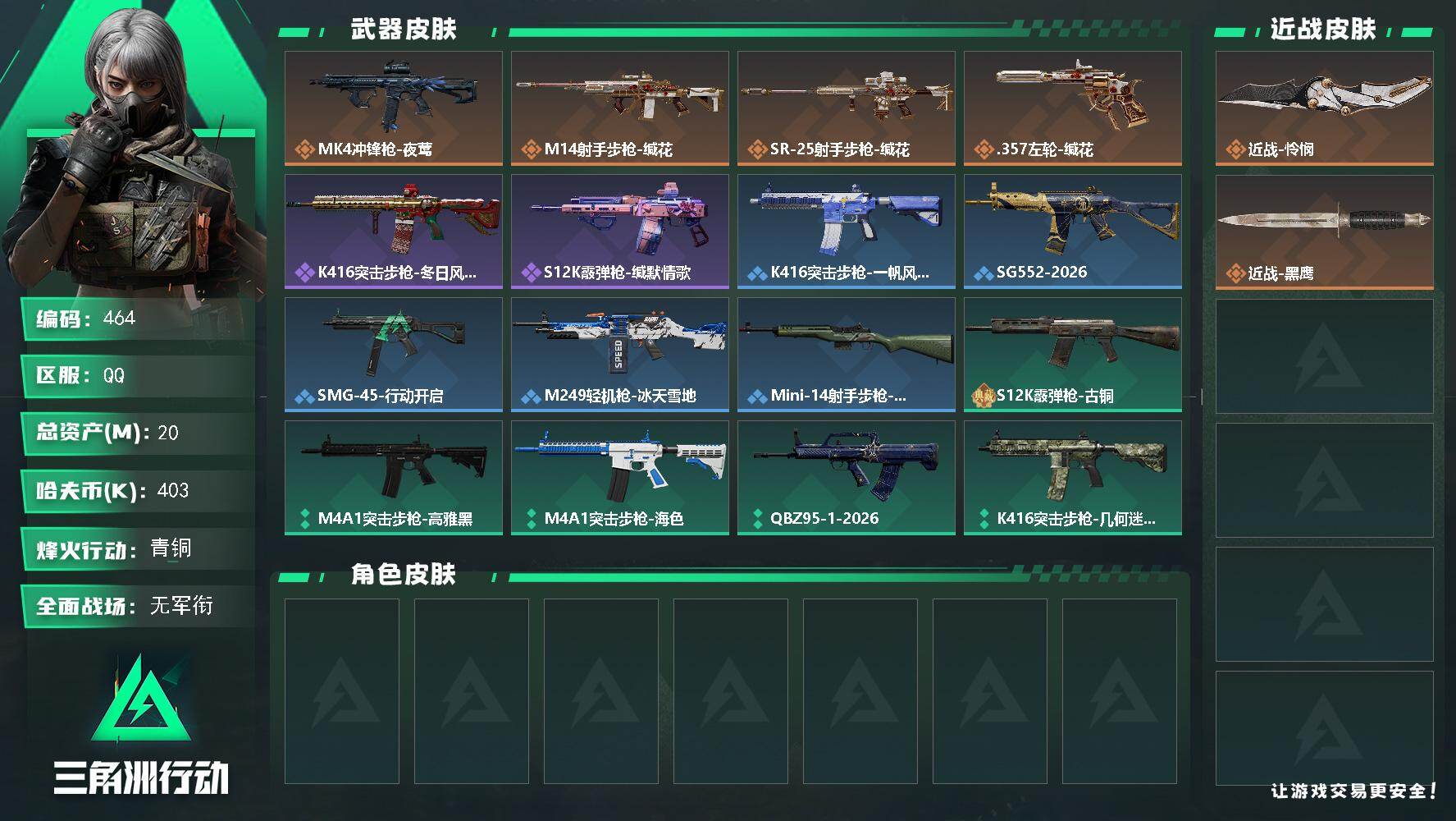 三角洲行动账号QQ【464】20m总资产-403k哈夫币-38烽火等级-青铜-1战场等级-无军衔
【近战皮肤】：近战-