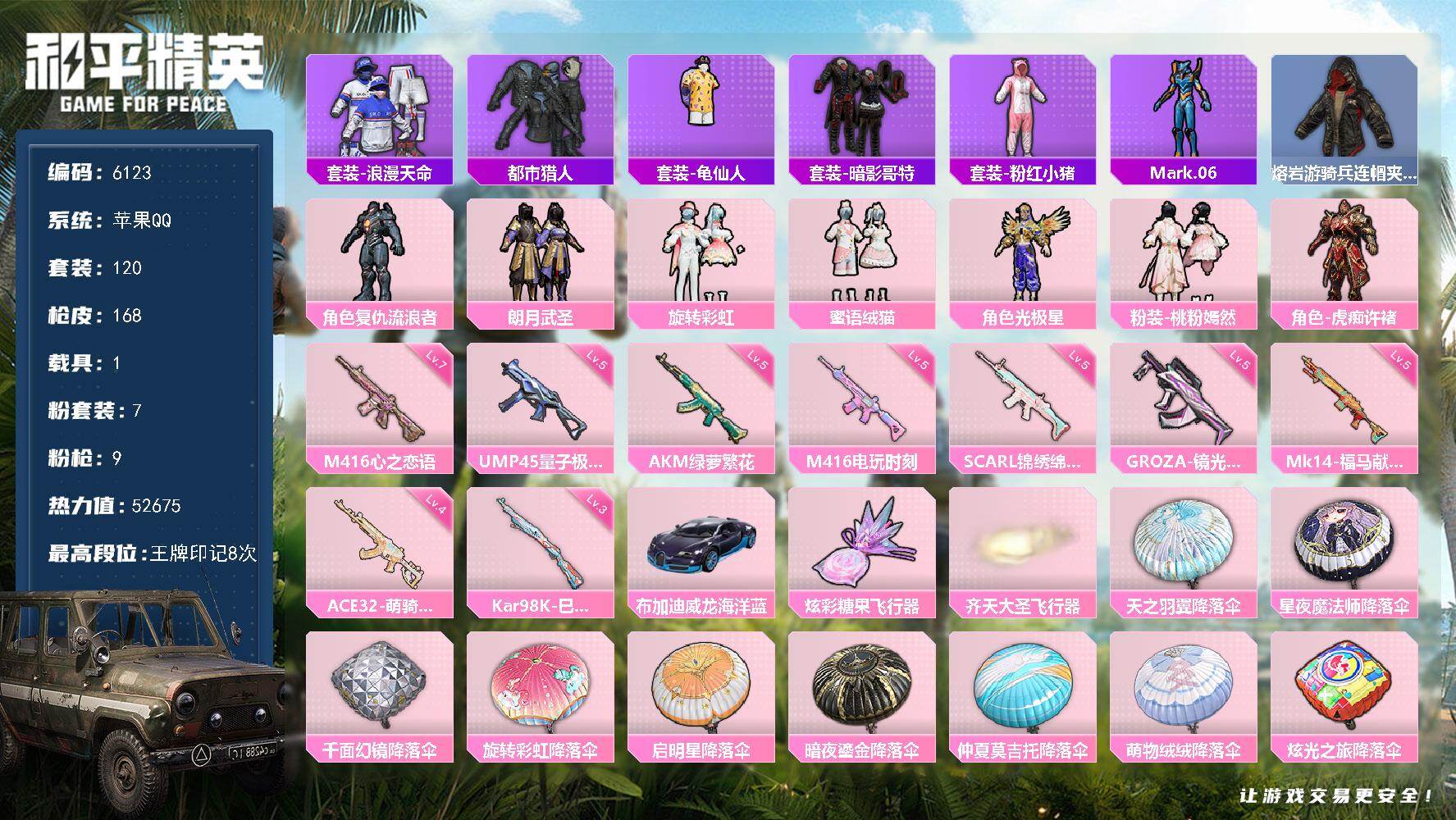 和平精英账号苹果QQ120套装/枪械9/装备178/载具1/战备110/王牌印记8/热力值52675/五级AKM-绿萝繁花/五级SCAR-L-锦绣绵绵/七级M416-心之恋语/五级M416-电玩时刻/五级GROZA-镜光