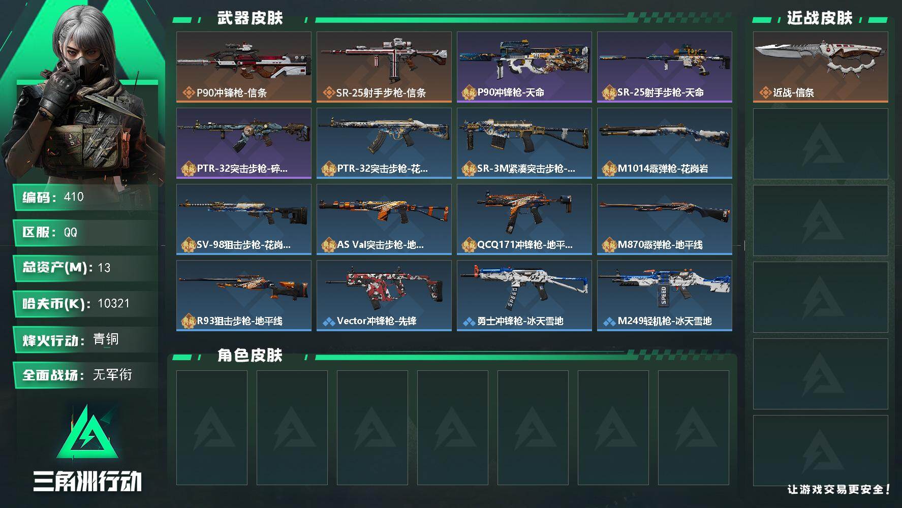 三角洲行动账号QQ【410】13m总资产-10321k哈夫币-30烽火等级-青铜-1战场等级-无军衔
【近战皮肤】：近