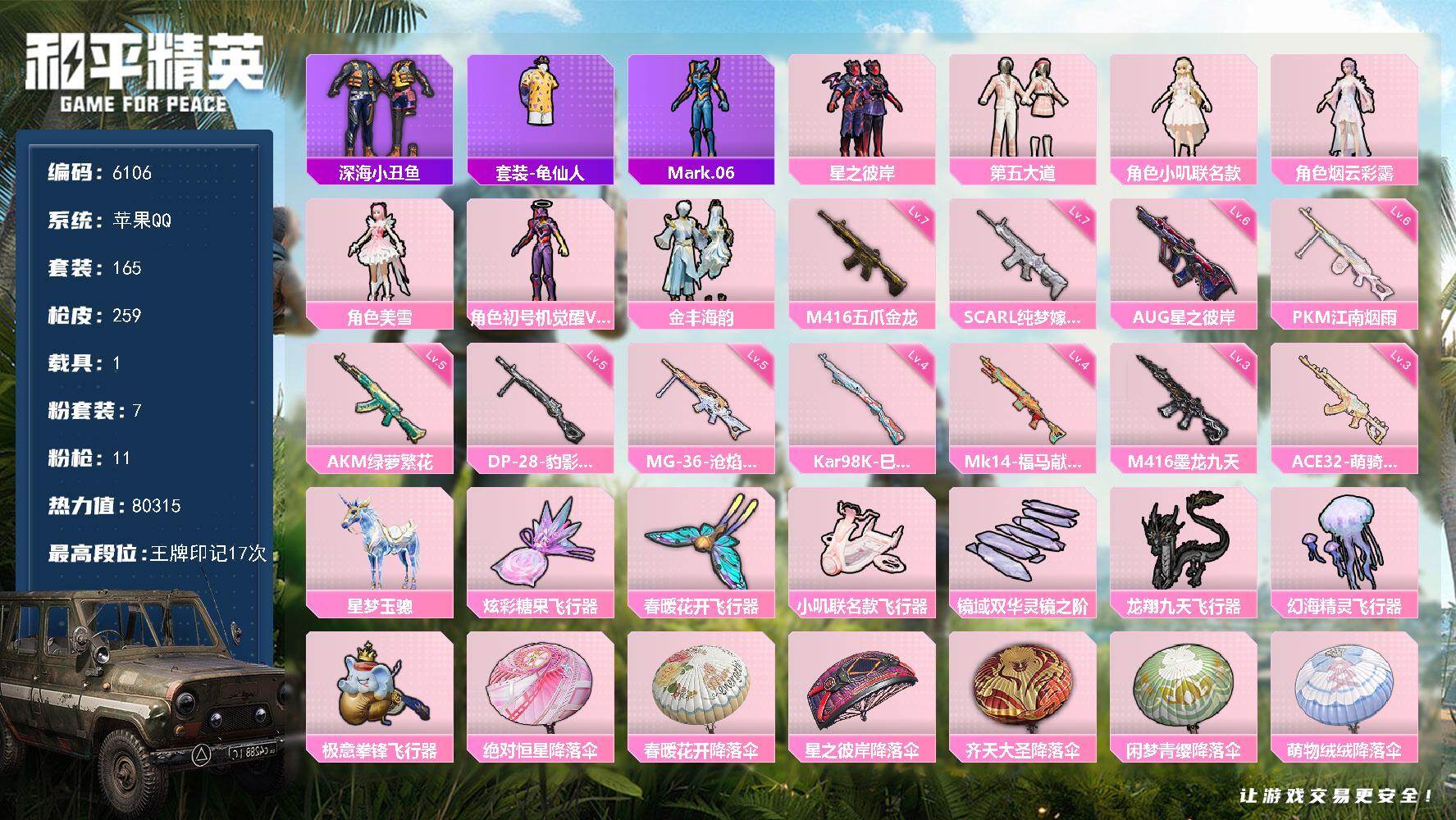 和平精英账号苹果QQ165套装/枪械11/装备319/载具1/战备180/王牌印记17/热力值80315/五级AKM-绿萝繁花/七级SCAR-L-纯梦嫁纱/七级M416-五爪金龙/三级M416-墨龙九天/六级AUG-星之