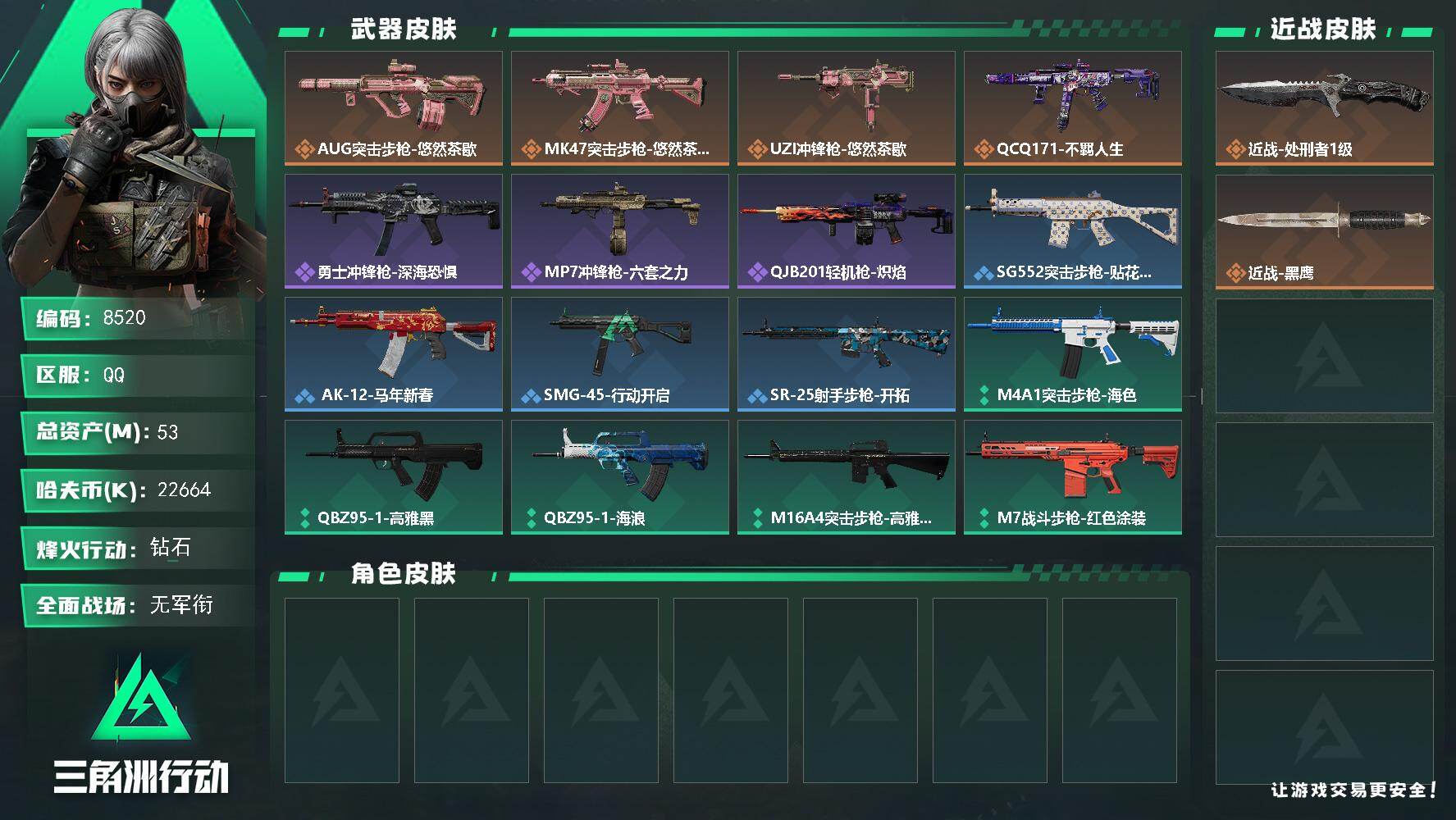 三角洲行动账号QQ总资产53M/哈夫币2266万/传说近战数1/传说枪皮数4/战场等级1/行动等级60/安全箱等时效性道具以游戏内数据为准，详情请看图/近战-处刑者/近战-黑鹰/AUG突击步枪-悠然茶歇/MK47突击步