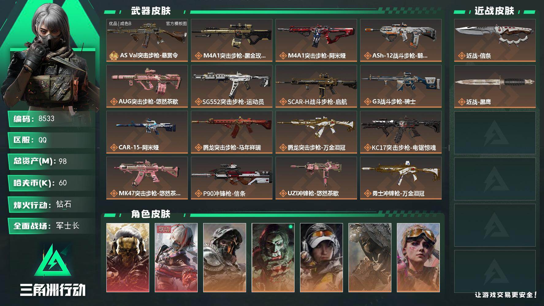 三角洲行动账号QQ总资产98M/哈夫币6万/传说近战数1/传说枪皮数29/战场等级50/行动等级60/安全箱等时效性道具以游戏内数据为准，详情请看图/红狼-蚀金玫瑰/骇爪-维什戴尔/深蓝-不破誓约/红狼-电锯惊魂/露娜