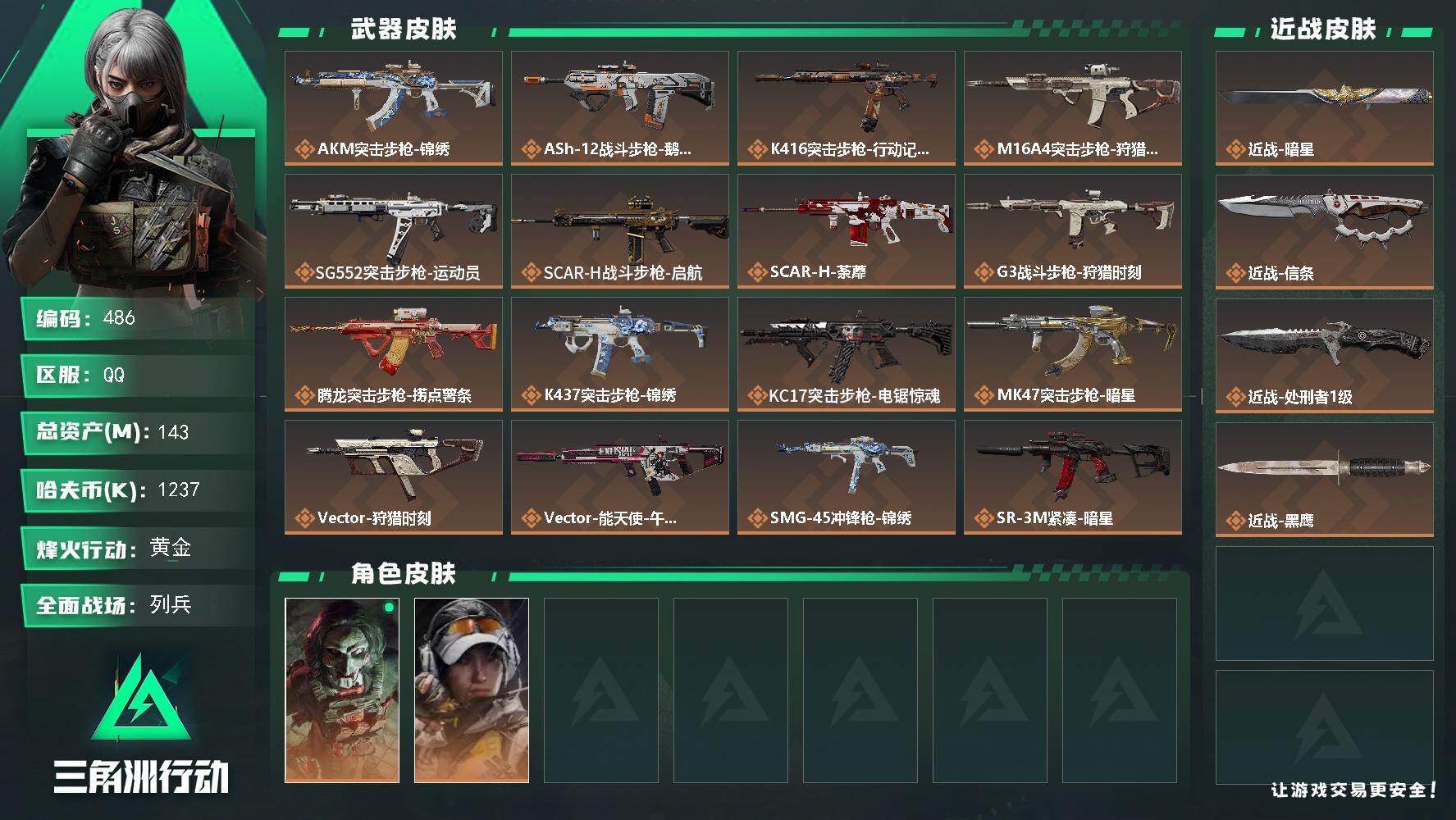 三角洲行动账号QQ【486】143m总资产-1237k哈夫币-60烽火等级-黄金-11战场等级-列兵
【干员外观】：红