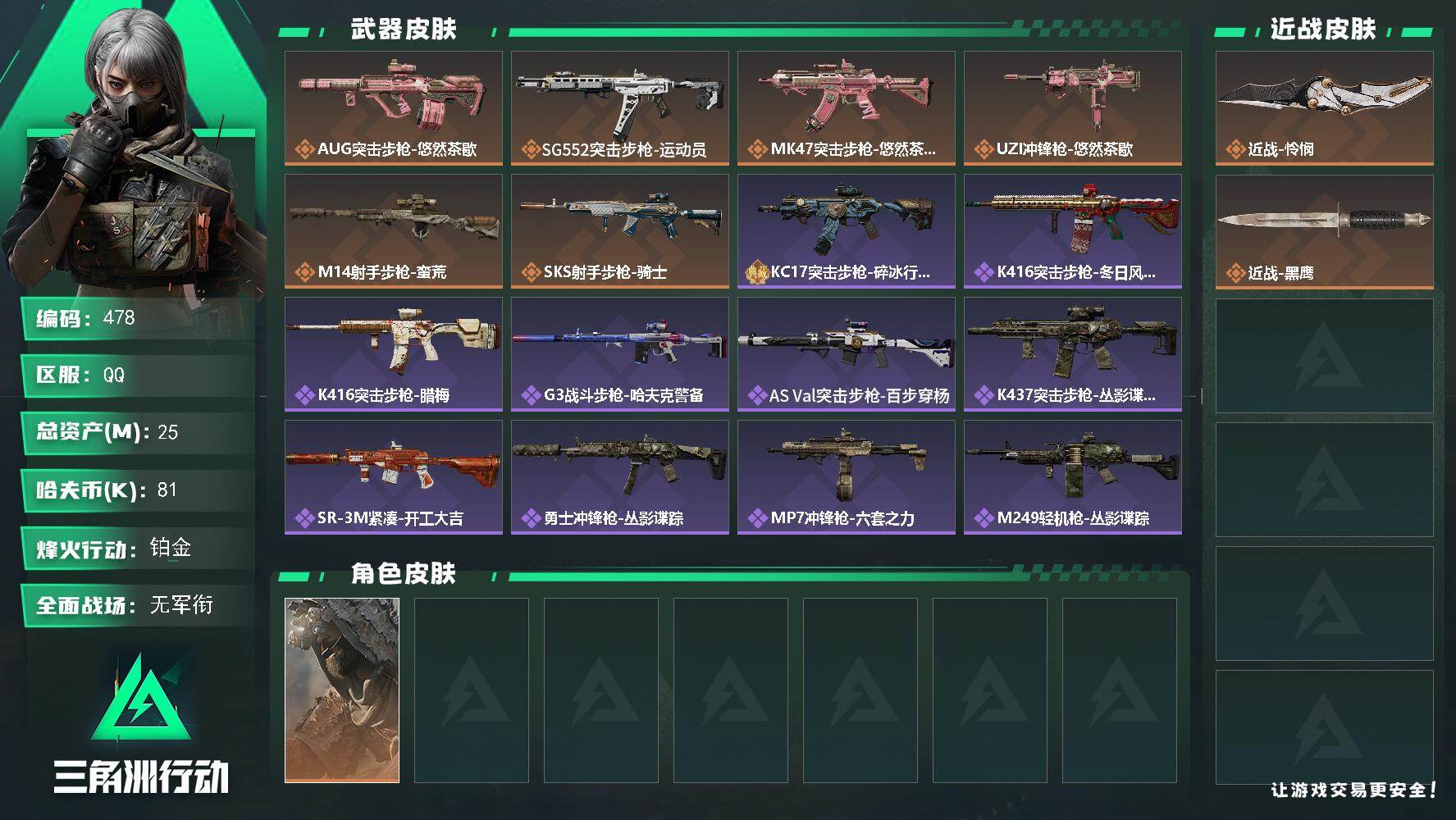 三角洲行动账号QQ【478】25m总资产-81k哈夫币-60烽火等级-铂金-1战场等级-无军衔
【干员外观】：乌鲁鲁-