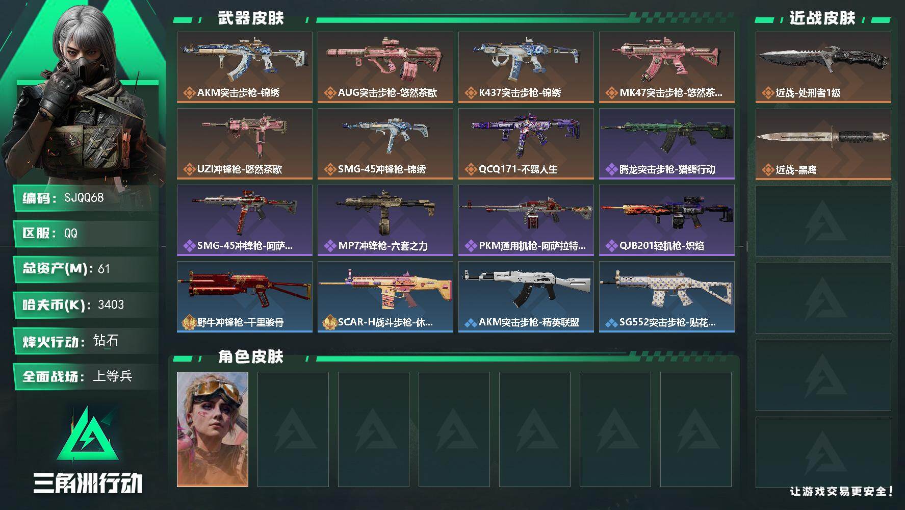 三角洲行动账号QQ【SJQQ68】总资产61M/哈夫币340万/传说近战数1/传说枪皮数7/战场等级37/行动等级53/安全箱等时效性道具以游戏内数据为准，详情请看图/蛊-不羁人生/近战-处刑者1级/近战-黑鹰/AK