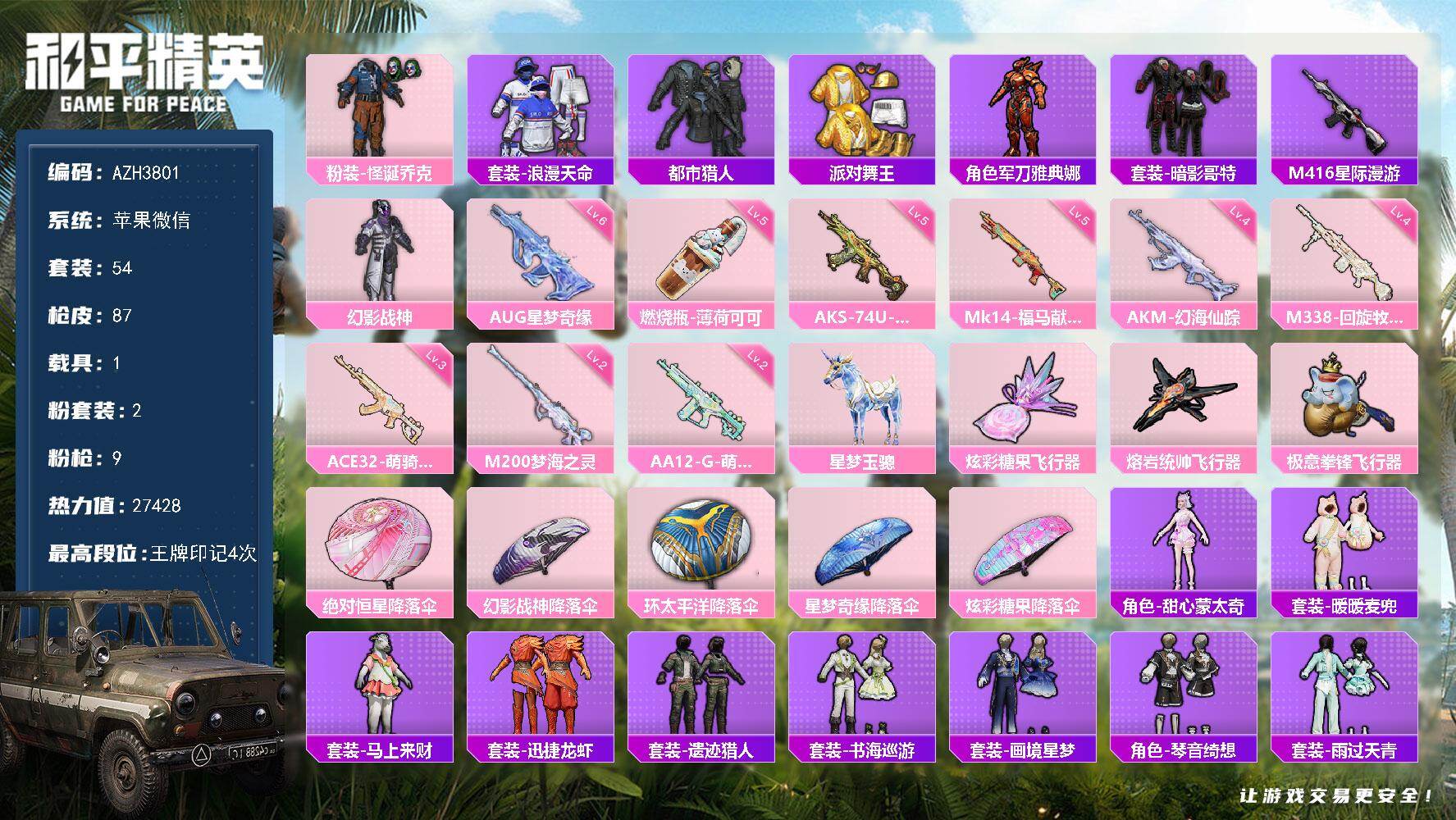 和平精英账号苹果微信苹果微信【怪诞乔克都市金靴子 星际漫游M416 六级星梦奇缘AUG 1载具】2粉装-9特效枪-1载具-3粉色飞行器-27428热力值-4王牌印记-54套装-87枪皮
【热门品类】：粉装-怪诞乔克，套装