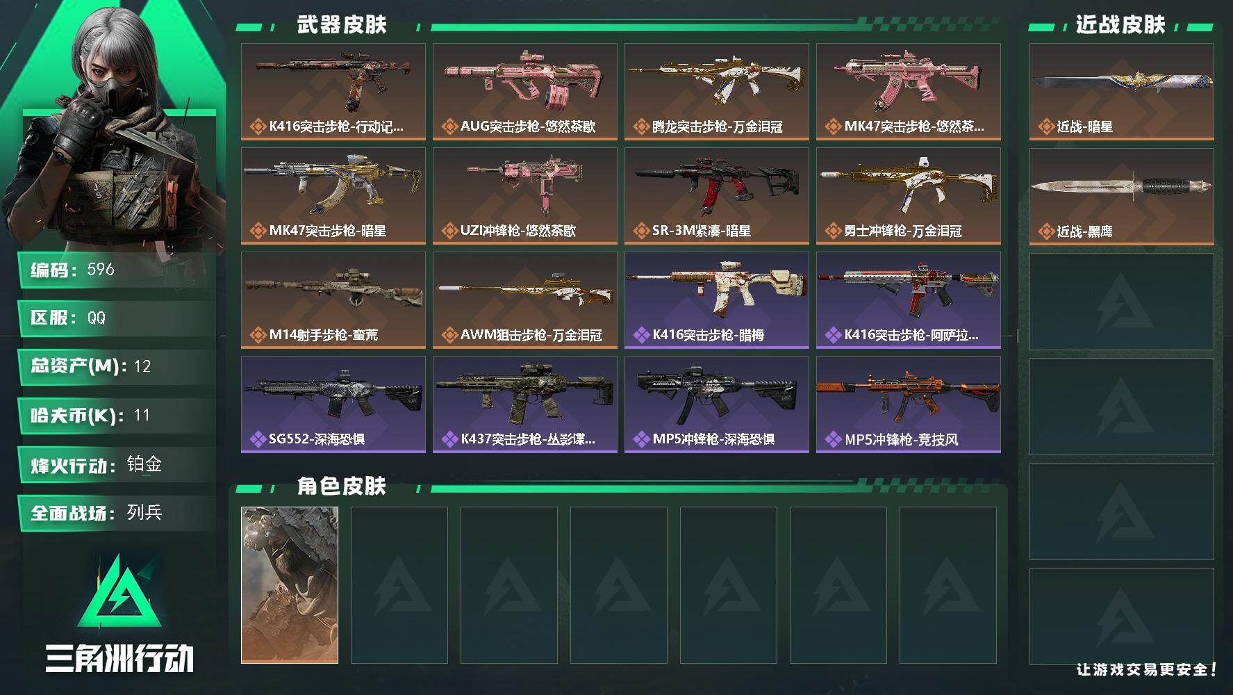 三角洲行动账号QQ【596】12m总资产-11k哈夫币-60烽火等级-铂金-6战场等级-列兵
【干员外观】：乌鲁鲁-荒