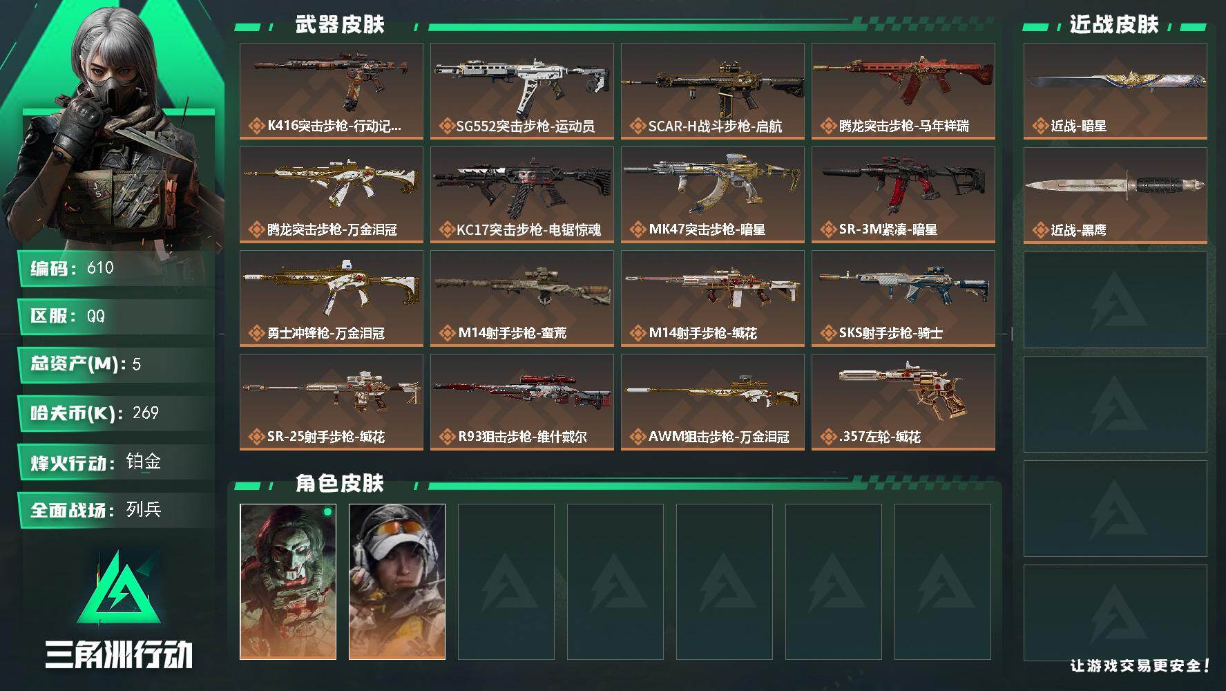 三角洲行动账号QQ【610】5m总资产-269k哈夫币-60烽火等级-铂金-7战场等级-列兵
【干员外观】：红狼-电锯