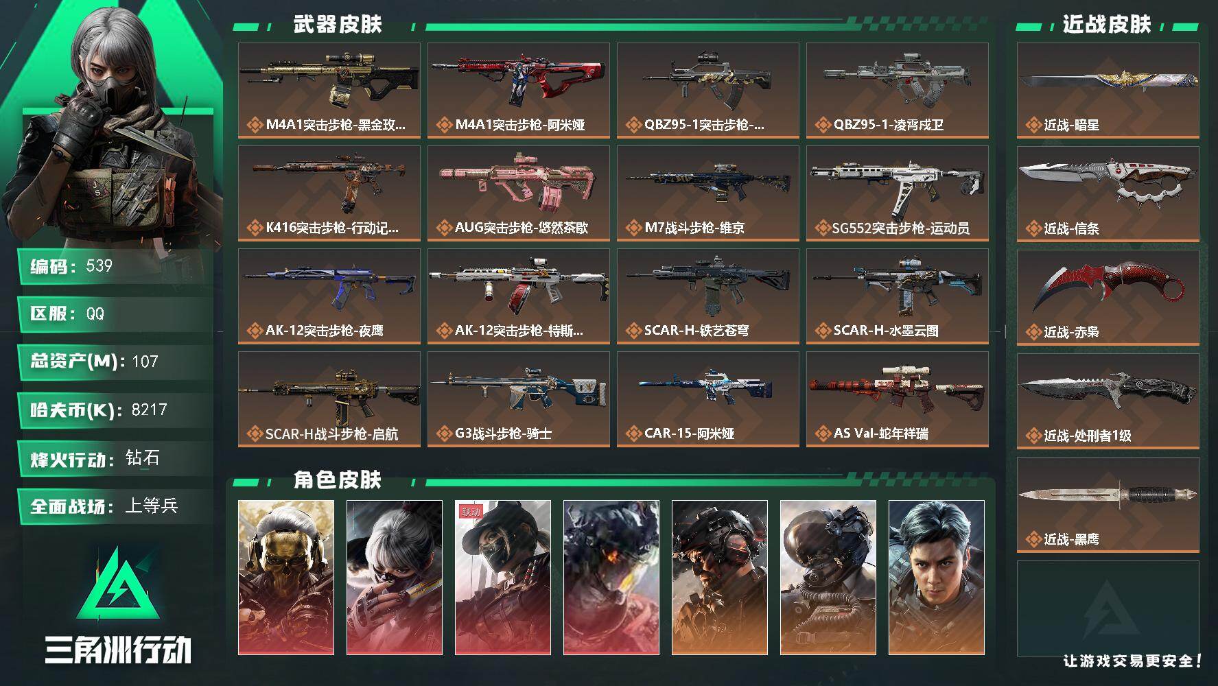 三角洲行动账号QQ【539】107m总资产-8217k哈夫币-60烽火等级-钻石-48战场等级-上等兵
【干员外观】：