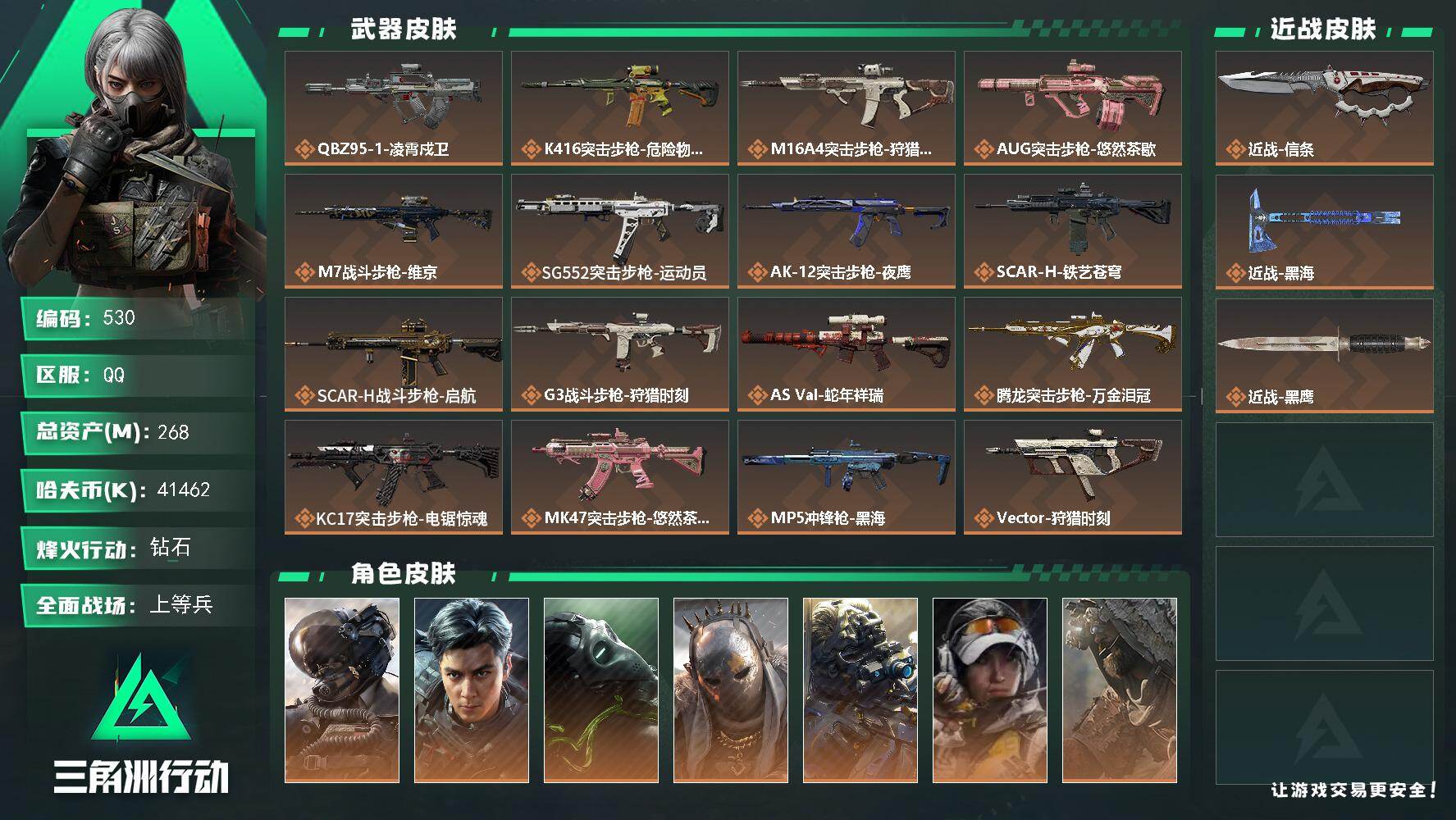 三角洲行动账号QQ【530】268m总资产-41462k哈夫币-60烽火等级-钻石-24战场等级-上等兵
【干员外观】