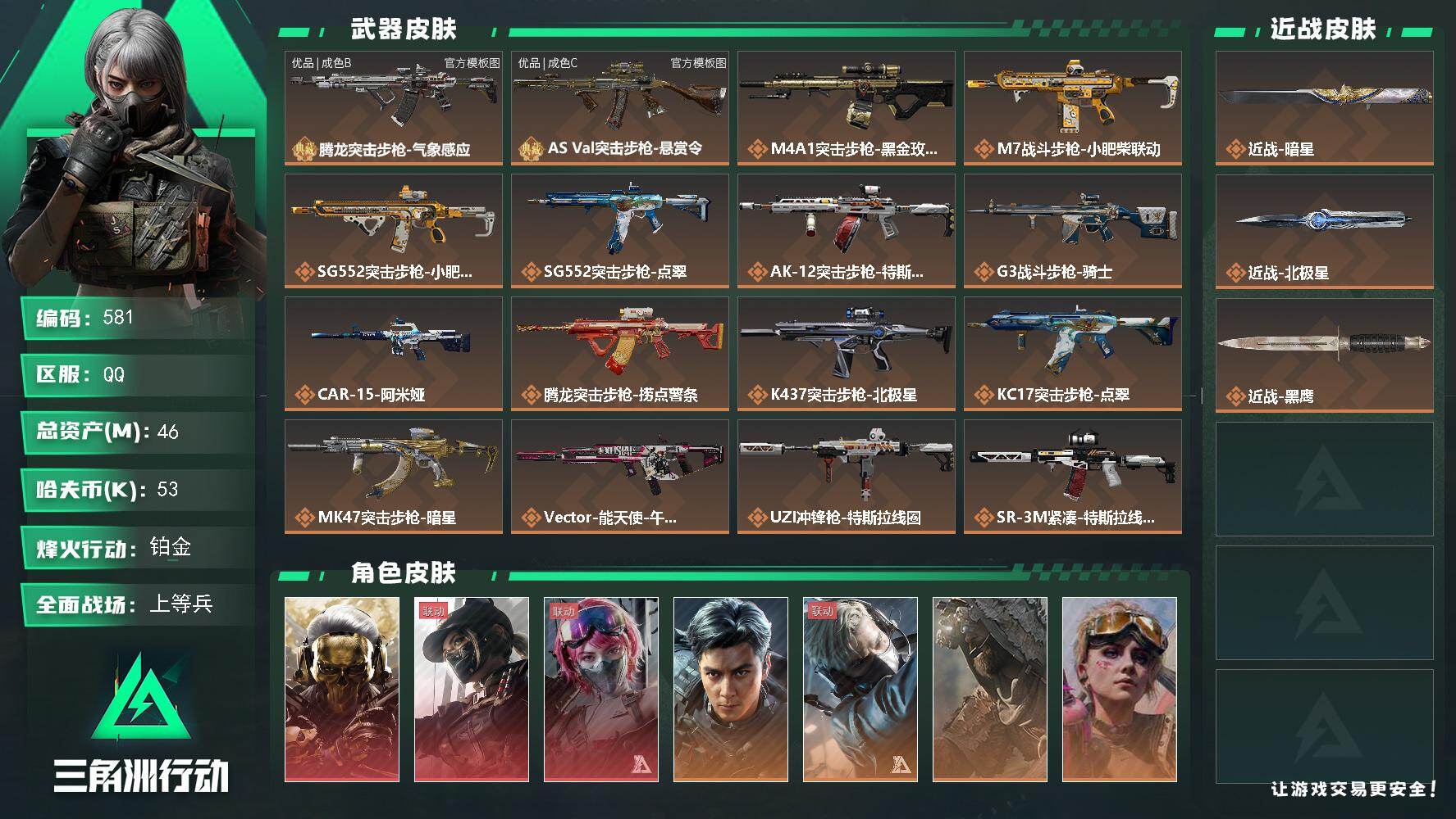 三角洲行动账号QQ【581】46m总资产-53k哈夫币-60烽火等级-铂金-18战场等级-上等兵
【干员外观】：红狼-