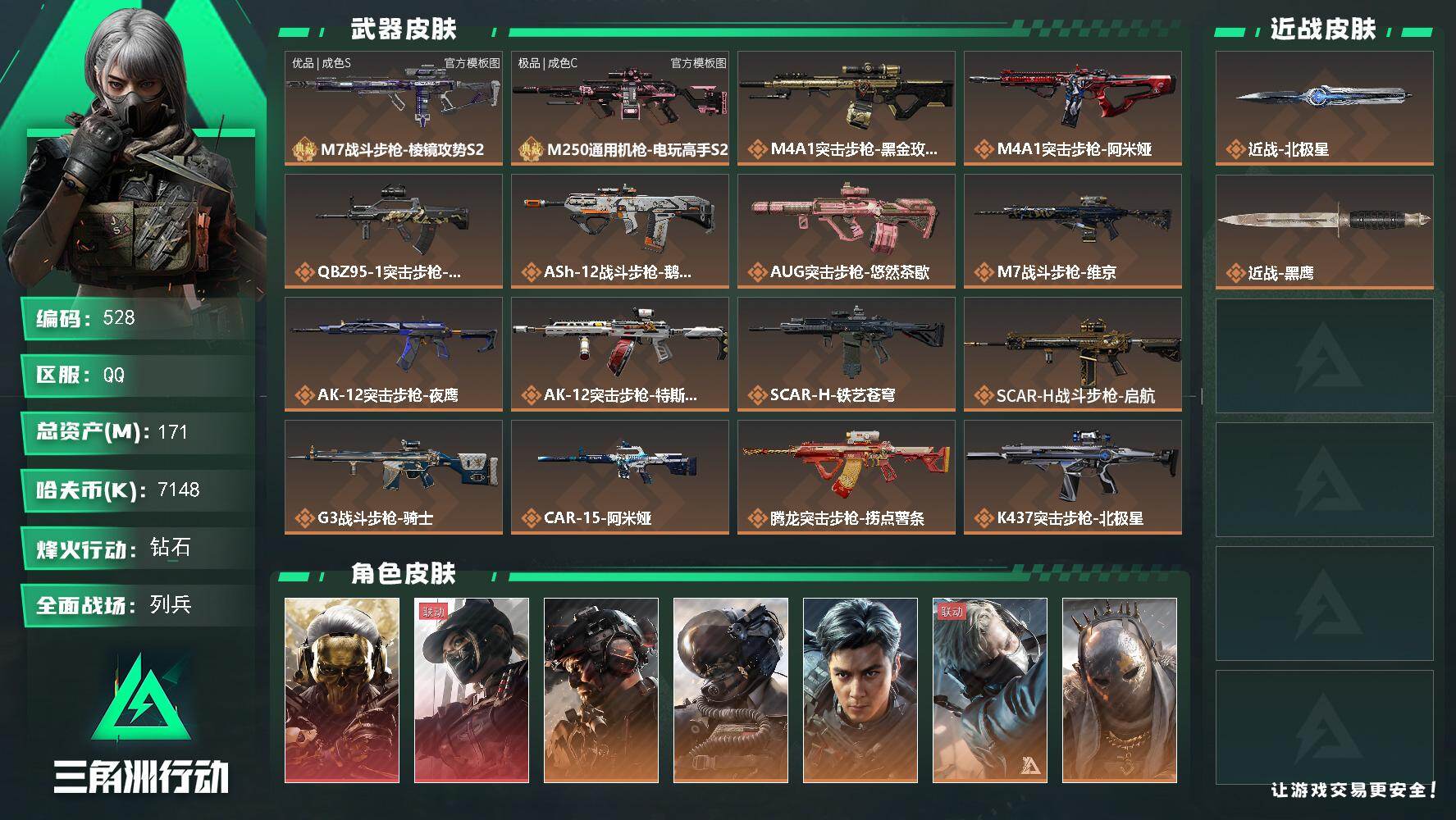 三角洲行动账号QQ【528】171m总资产-7148k哈夫币-60烽火等级-钻石-41战场等级-列兵
【干员外观】：红