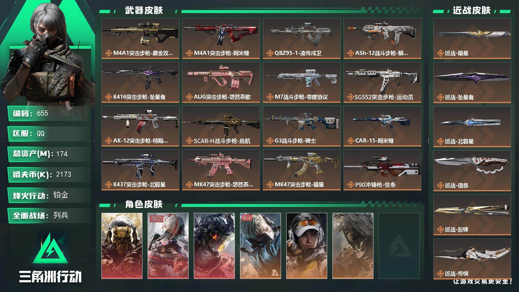 三角洲行动账号QQ【655】174m总资产-2173k哈夫币-60烽火等级-铂金-14战场等级-列兵
【干员外观】：红