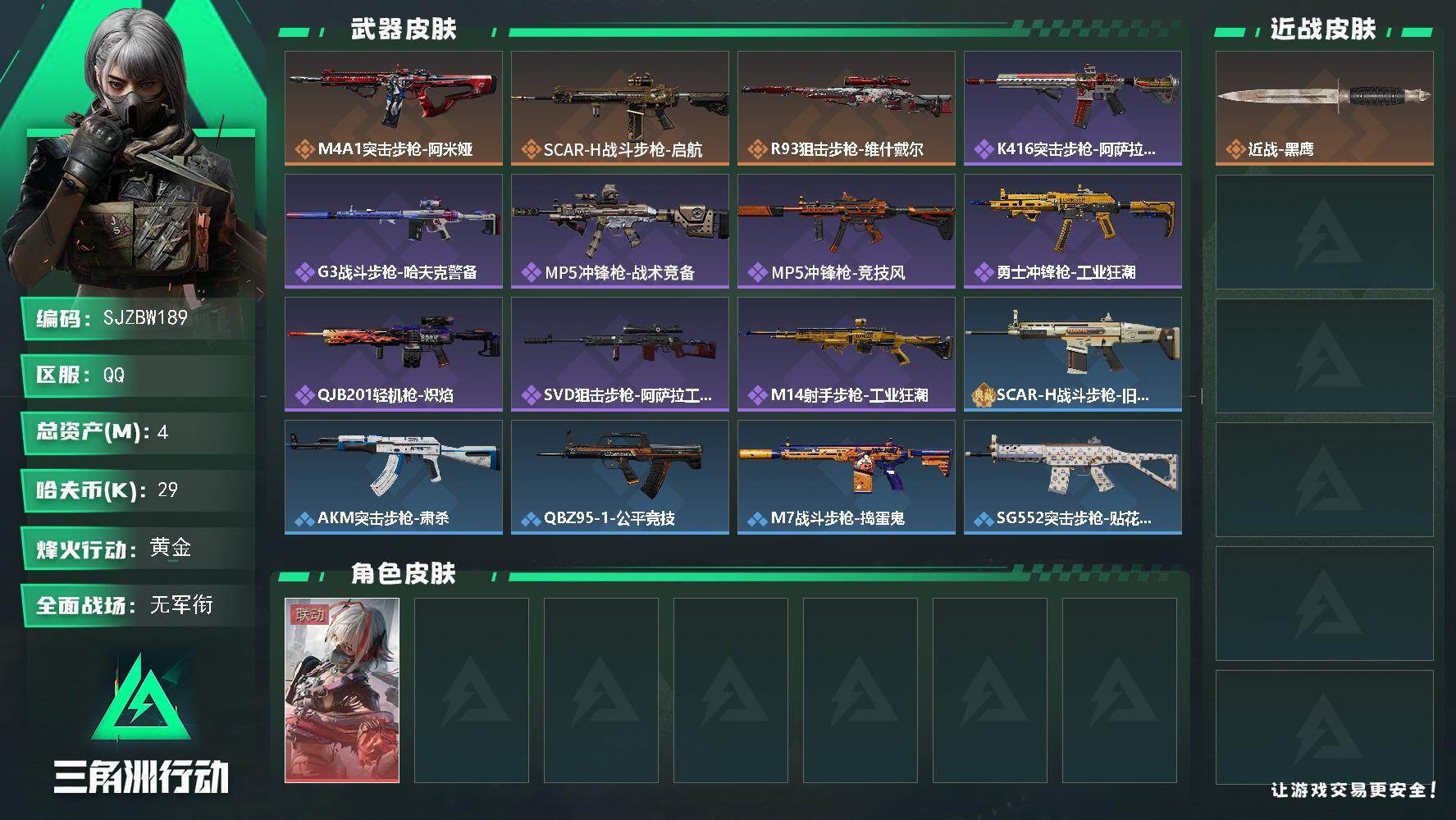 三角洲行动账号QQ【SJZBW189】总资产4M/哈夫币2万/传说枪皮数3/战场等级1/行动等级54/安全箱等时效性道具以游戏内数据为准，详情请看图/骇爪-维什戴尔/近战-黑鹰/M4A1突击步枪-阿米娅/SCAR-H
