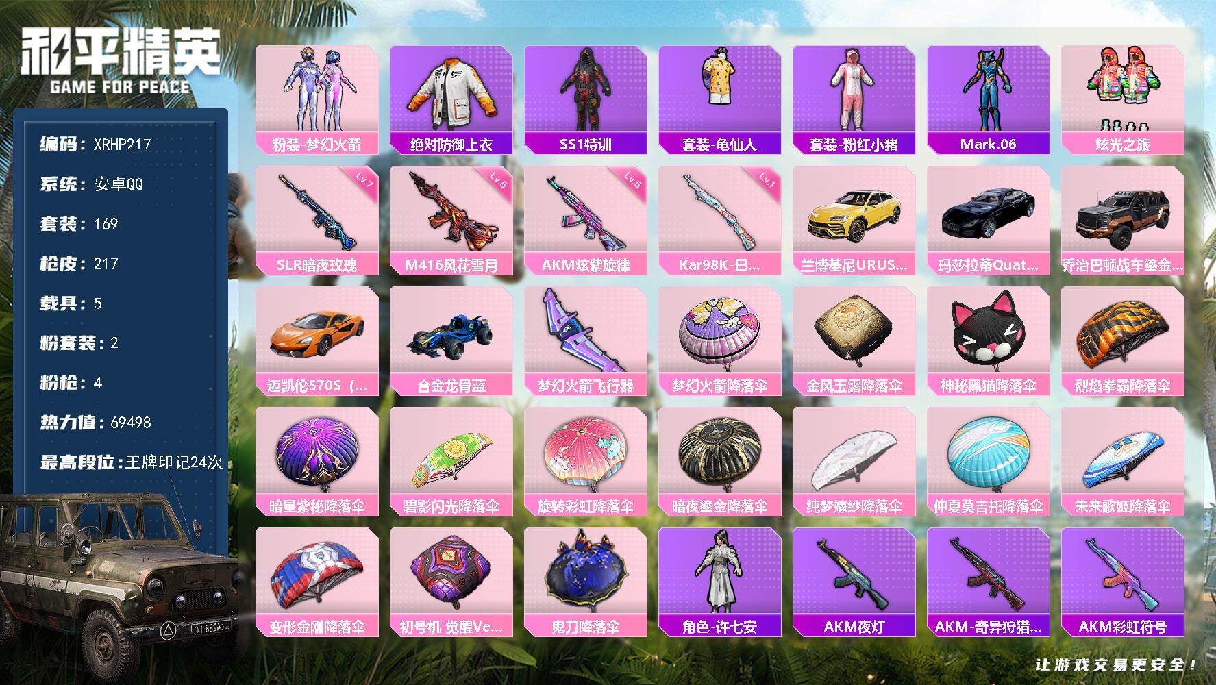 和平精英账号安卓QQ【XRHP217】169套装/枪械4/装备228/载具5/战备165/王牌印记24/热力值69498/五级AKM-炫紫旋律/五级M416-风花雪月/一级Kar98K-巳巳如意/七级SLR-暗夜玫瑰/