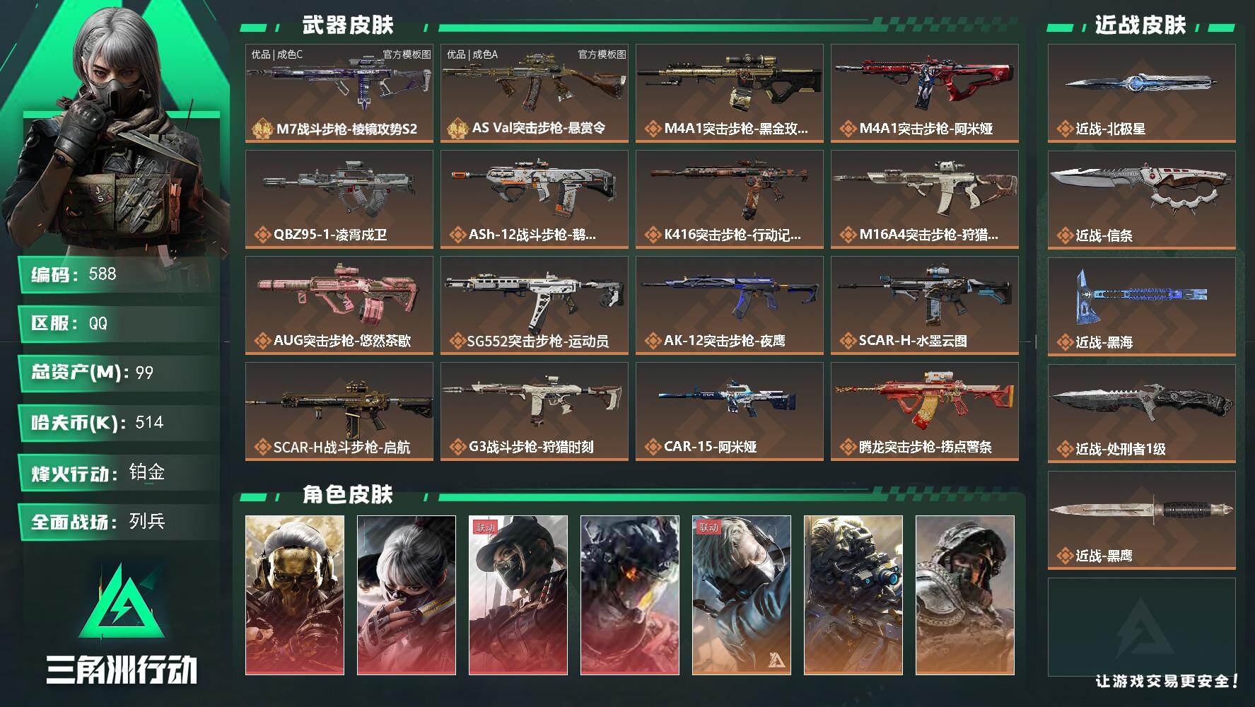 三角洲行动账号QQ【588】99m总资产-514k哈夫币-60烽火等级-铂金-20战场等级-列兵
【干员外观】：红狼-