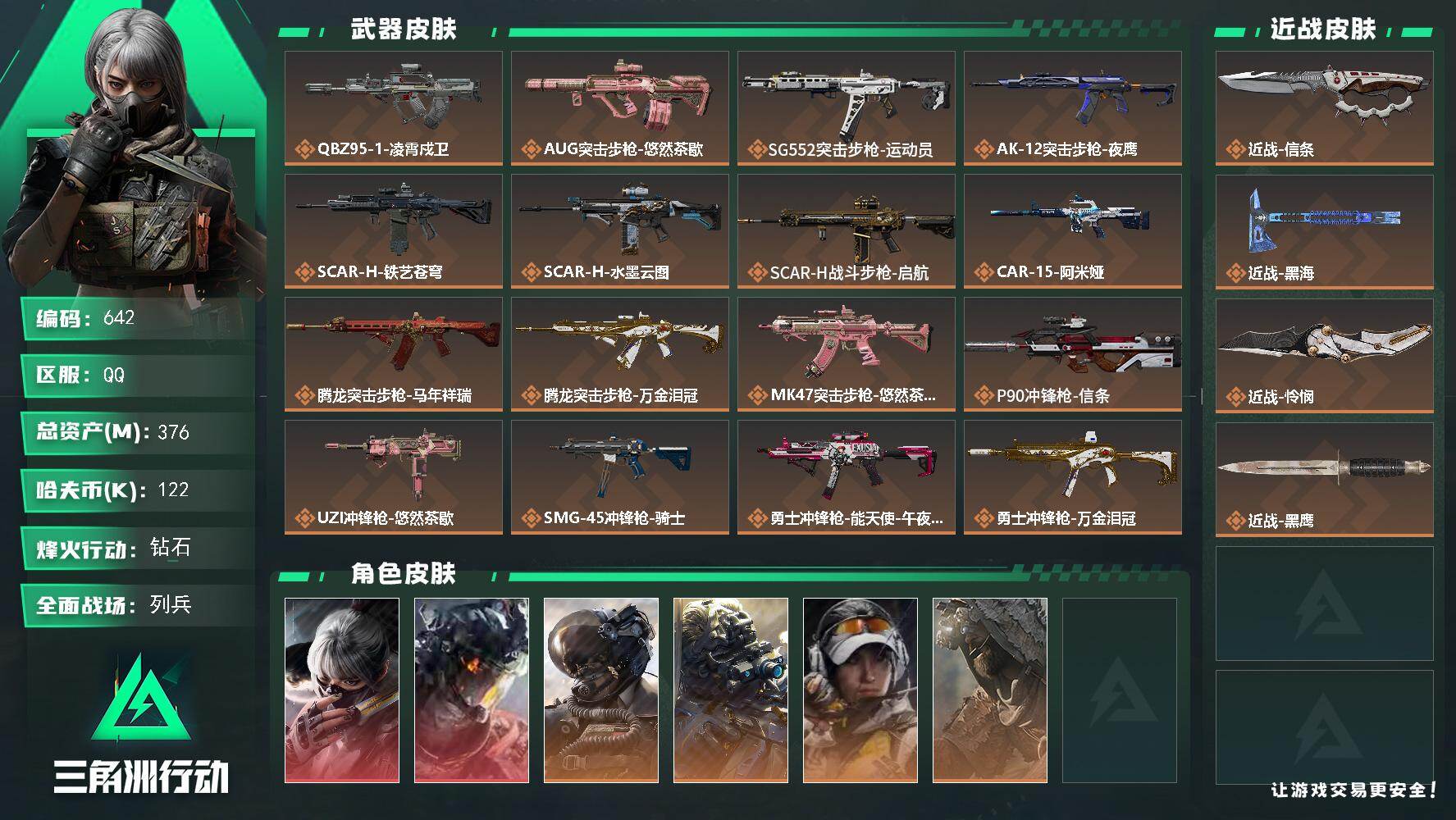 三角洲行动账号QQ【642】376m总资产-122k哈夫币-60烽火等级-钻石-27战场等级-列兵
【干员外观】：骇爪