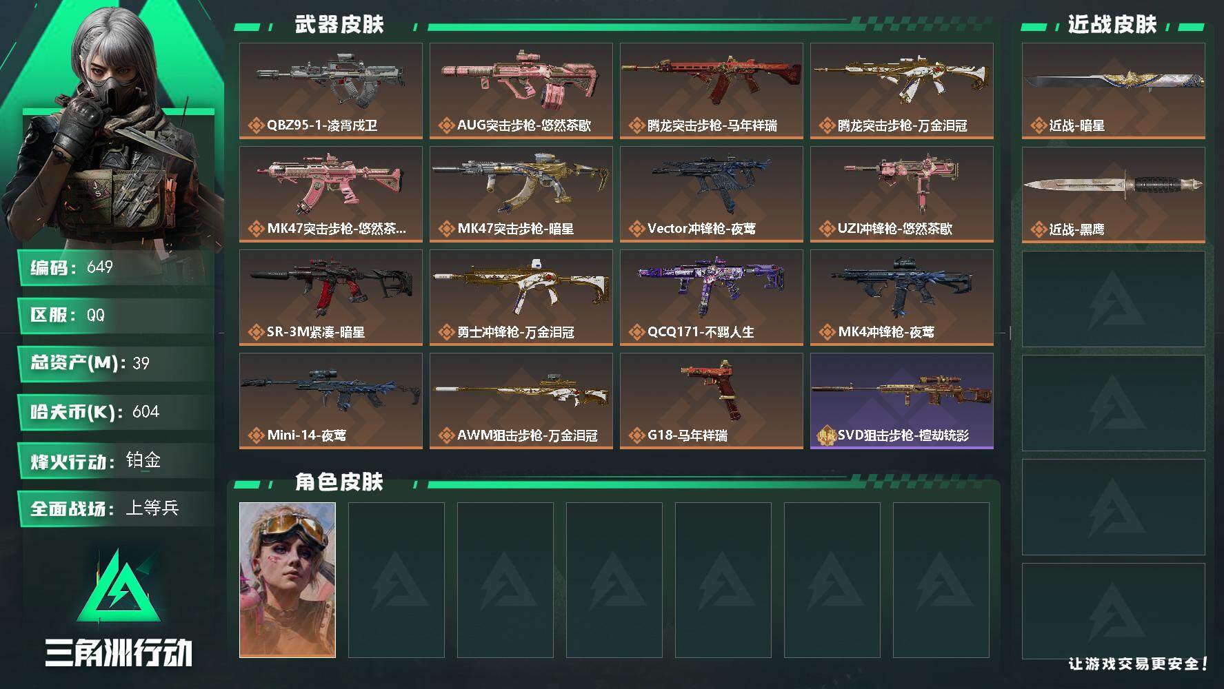 三角洲行动账号QQ【649】39m总资产-604k哈夫币-60烽火等级-铂金-16战场等级-上等兵
【干员外观】：蛊-