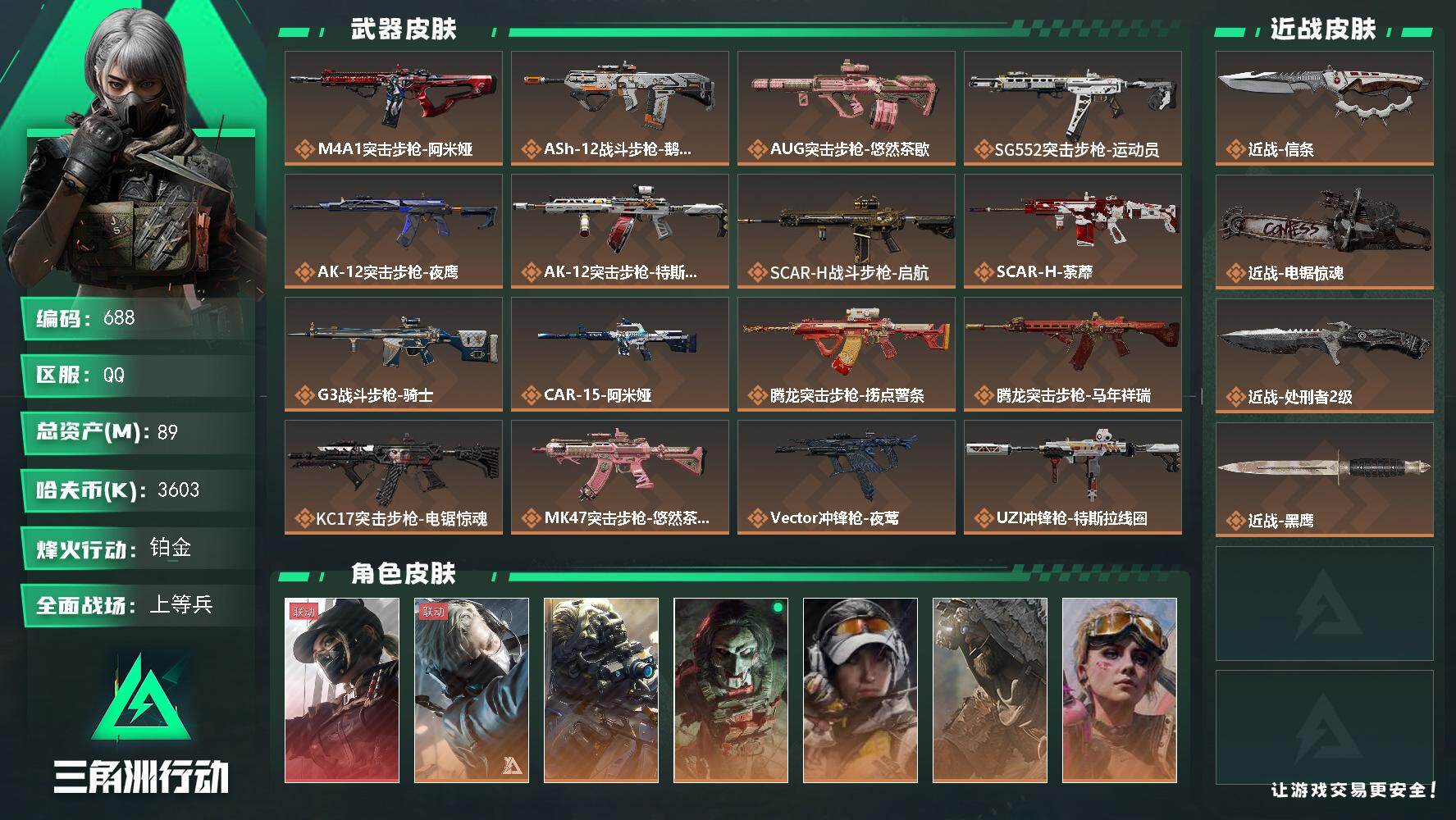 三角洲行动账号QQ【688】89m总资产-3603k哈夫币-60烽火等级-铂金-25战场等级-上等兵
【干员外观】：露