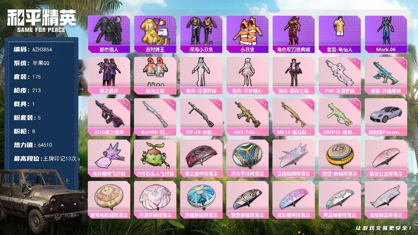 和平精英账号苹果QQ苹果手Q【都市金靴子羊梦糖心深海小丑鱼 满级蜜獾-异瞳寒姬 冷漠罗丽P90 1载具】5粉装-8特效枪-1载具-2粉色飞行器-64510热力值-13王牌印记-175套装-213枪皮
【热门品类】：套装-