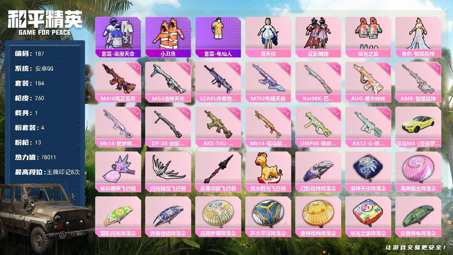 和平精英账号安卓QQ安卓手Q-4粉装-13特效枪-1载具-4粉色飞行器-78011热力值-8王牌印记-184套装-260枪皮
【热门品类】：套装-浪漫天命，套装-小丑鱼，套装-龟仙人
【粉色套装】：角色-洛天依，粉装-