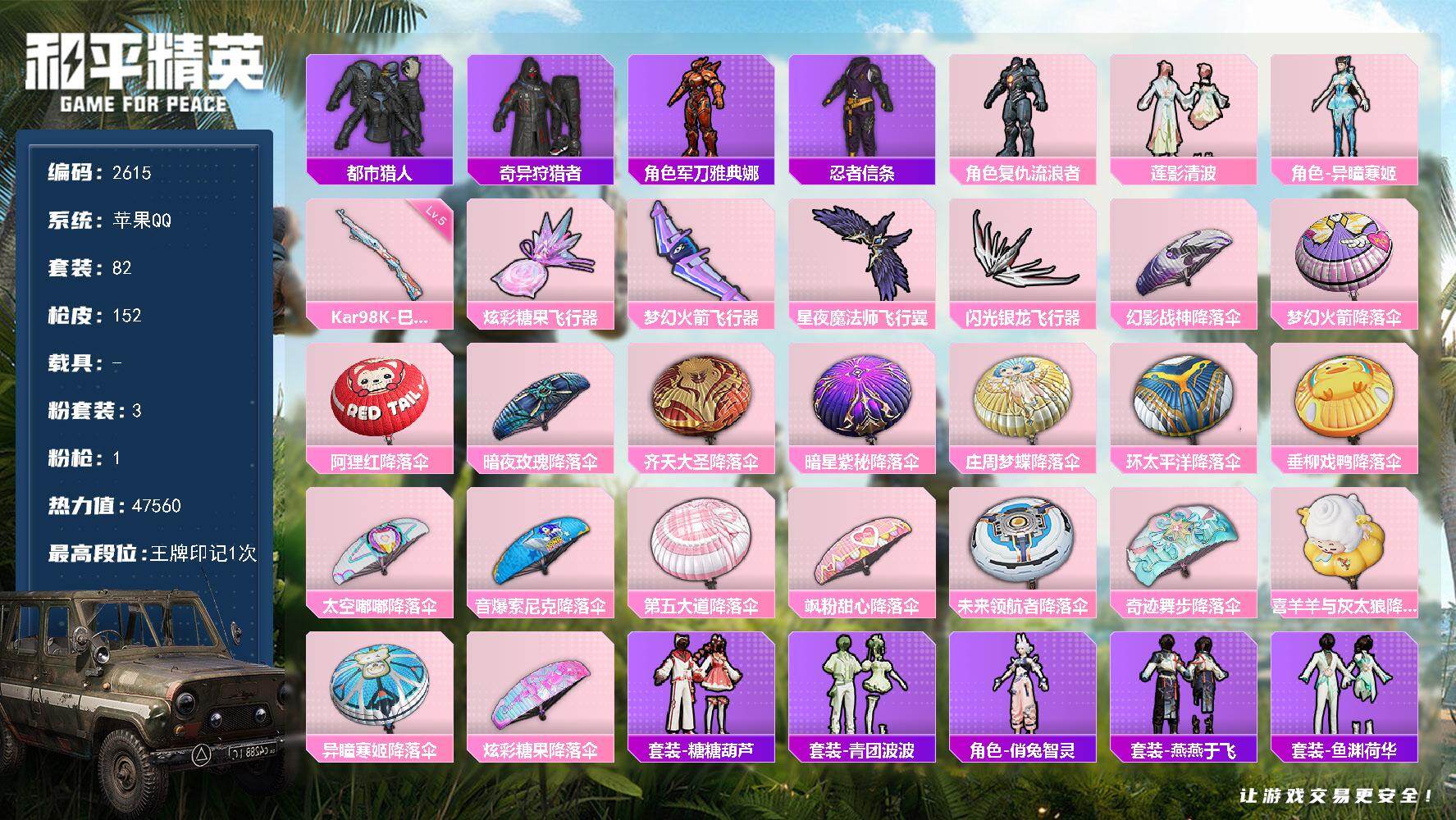 和平精英账号苹果QQ【2615】df苹果手Q【极品小雾同款，都市猎人，奇异狩猎者，百万伏特猫包，鲨鱼裤，】-3粉装-1特效枪-4粉色飞行器-47560热力值-1王牌印记-82套装-152枪皮
【热门品类】：套装-都市猎人