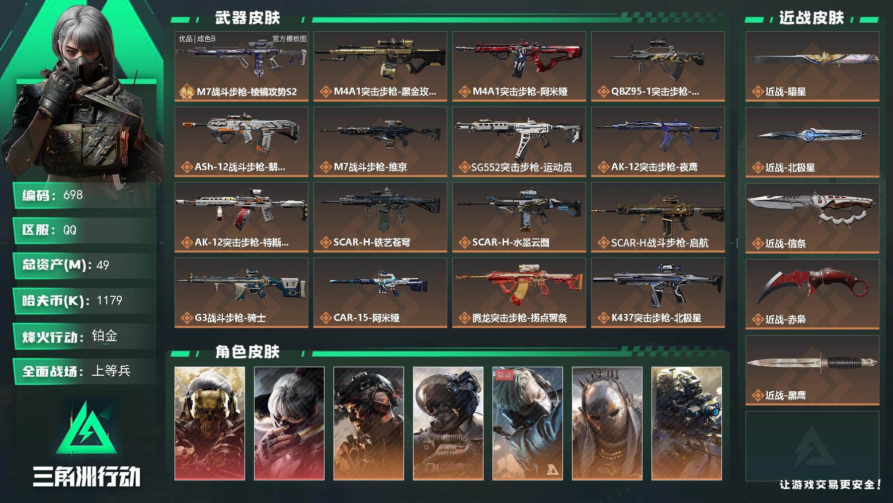 三角洲行动账号QQ【698】49m总资产-1179k哈夫币-60烽火等级-铂金-50战场等级-上等兵
【干员外观】：红