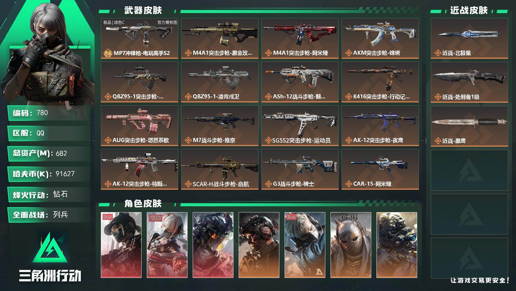 三角洲行动账号QQ【780】682m总资产-91627k哈夫币-60烽火等级-钻石-22战场等级-列兵
【干员外观】：