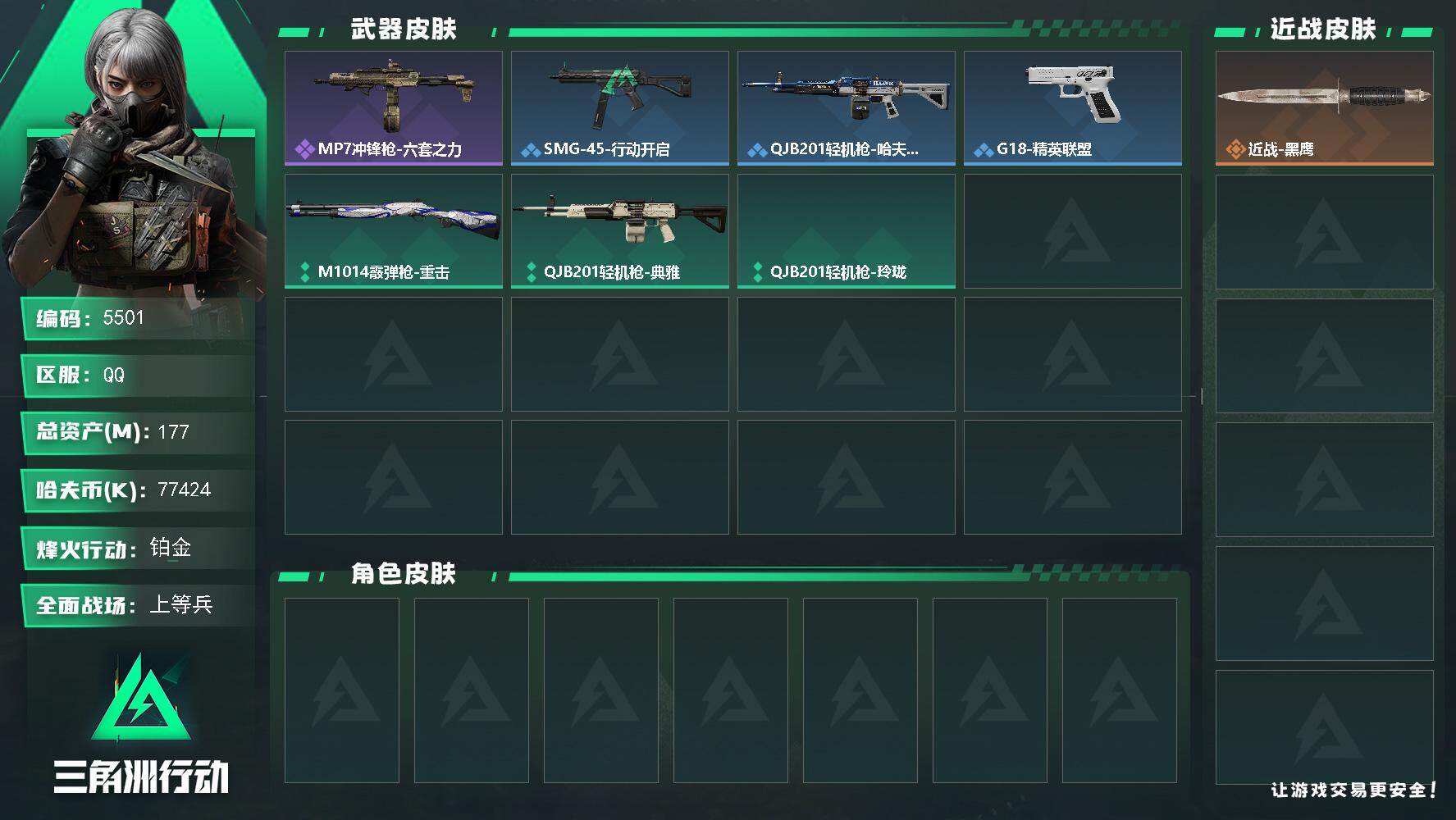 三角洲行动账号QQPX_2590447-177m总资产-77424k哈夫币-56烽火等级-铂金-17战场等级-上等兵
【近战皮肤】：近战-黑鹰
【史诗外观】：MP7冲锋枪-六套之力
【稀有外观】：SMG-45