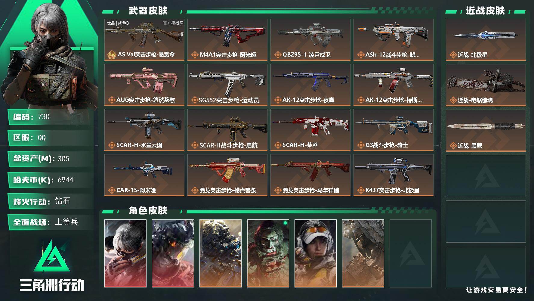 三角洲行动账号QQ【730】305m总资产-6944k哈夫币-60烽火等级-钻石-50战场等级-上等兵
【干员外观】：