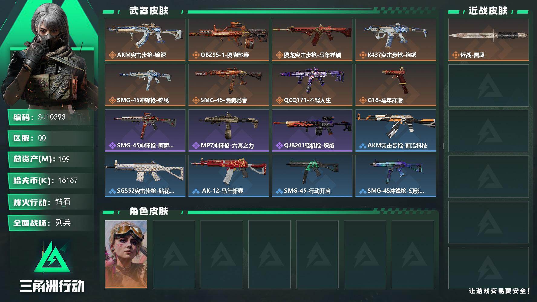 三角洲行动账号QQ【SJ10393】总资产109M/哈夫币1616万/传说枪皮数8/战场等级14/行动等级60/安全箱等时效性道具以游戏内数据为准，详情请看图/蛊-不羁人生/近战-黑鹰/AKM突击步枪-锦绣/QBZ9