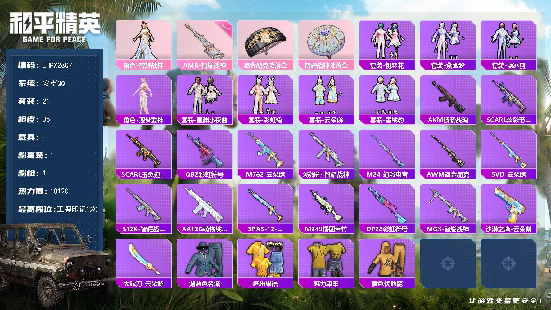 和平精英账号安卓QQ可二次【特价出售/店主推荐】安卓手Q-1粉装-1特效枪-10120热力值-1王牌印记-21套装-36枪皮【粉色套装】：角色-智耀战神【粉色枪皮等级】：AMR-智耀战神(六级)
