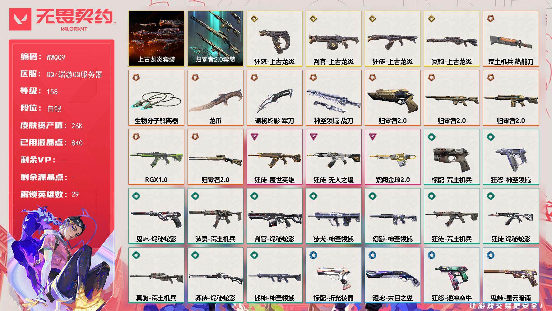 无畏契约账号QQ【WWQQ9】LV等级158/皮肤总价值26340/段位白银/总皮肤数量60/刀皮数量5/枪皮数量55/套装数量2/具体详情请看图/上古龙炎套装/归零者//2.0套装/幻棱/炼狱/维斯/暮蝶/钛狐/