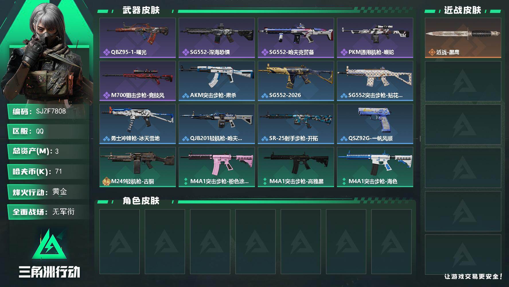 三角洲行动账号QQ【SJZF7808】总资产3M/哈夫币7万/战场等级1/行动等级40/安全箱等时效性道具以游戏内数据为准，详情请看图/近战-黑鹰/QBZ95-1突击步枪-曙光/SG552突击步枪-深海恐惧/SG552