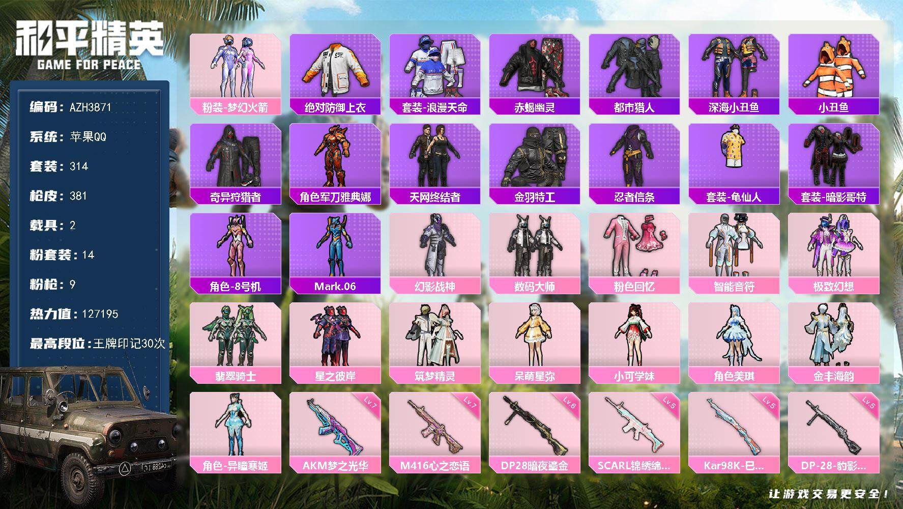 和平精英账号苹果QQ苹果手Q【都市赤蝎天网巡查衣梦幻火箭幻影战神暗影哥特 满级梦之光华AKM 心之恋语M416 2载具】14粉装-9特效枪-2载具-7粉色飞行器-热力值-30王牌印记-314套装-381枪皮
【热门品类】