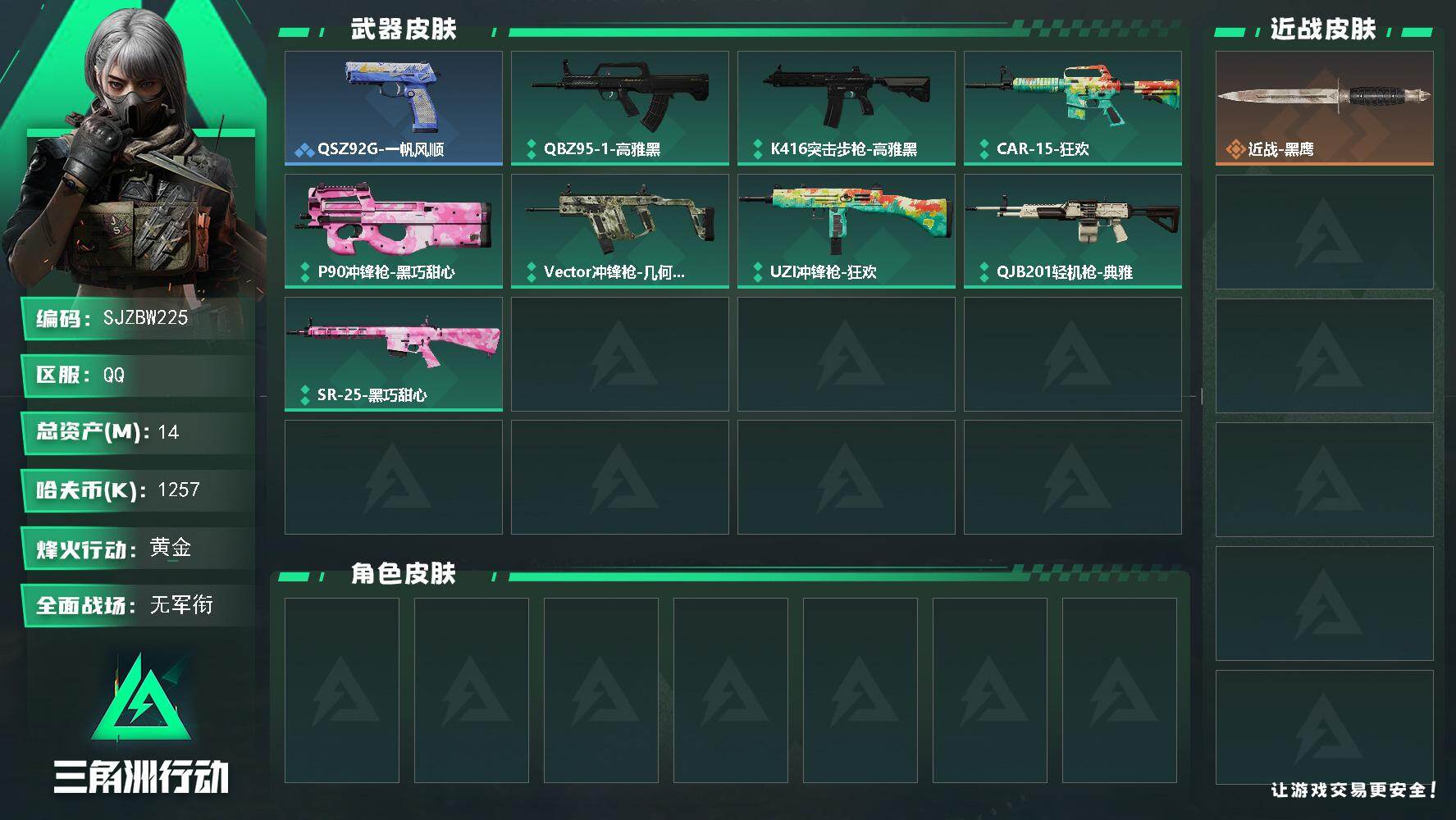 三角洲行动账号QQ【SJZBW225】总资产14M/哈夫币125万/战场等级1/行动等级23/安全箱等时效性道具以游戏内数据为准，详情请看图/近战-黑鹰/QSZ92G-一帆风顺/QBZ95-1突击步枪-高雅黑/K41