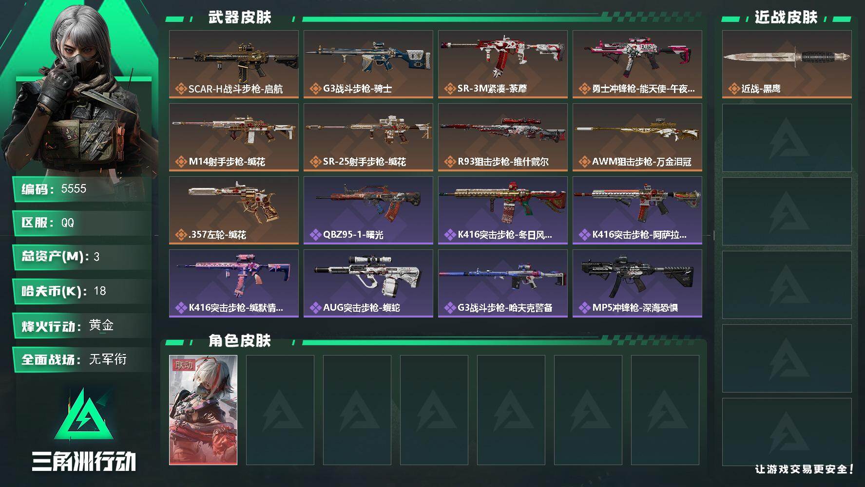 三角洲行动账号QQPX_2592012-3m总资产-18k哈夫币-43烽火等级-黄金-1战场等级-无军衔
【干员外观】：骇爪-维什戴尔
【近战皮肤】：近战-黑鹰
【传说外观】：SCAR-H战斗步枪-启航，G3