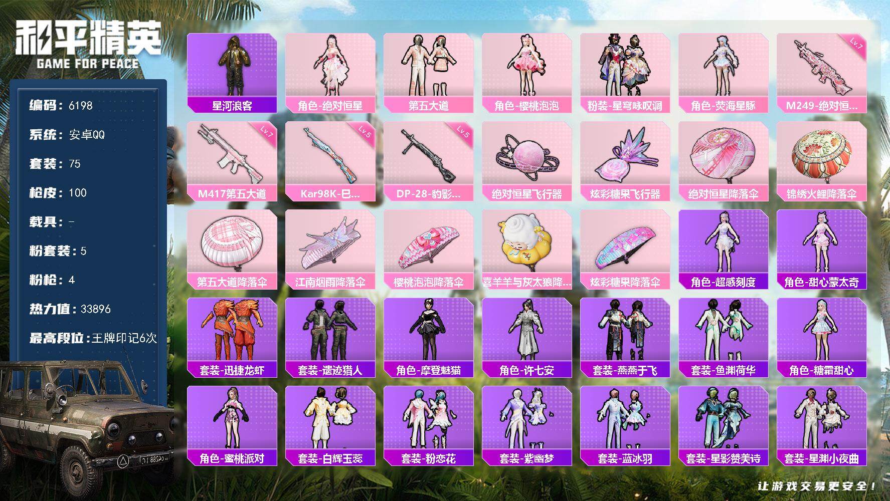和平精英账号安卓QQ75套装/枪械4/装备143/战备93/王牌印记6/热力值33896/五级Kar98K-巳巳如意/七级M417-第五大道/七级M249-绝对恒星/五级DP-28-豹影疾电/星河浪客/角色-绝对恒星/第