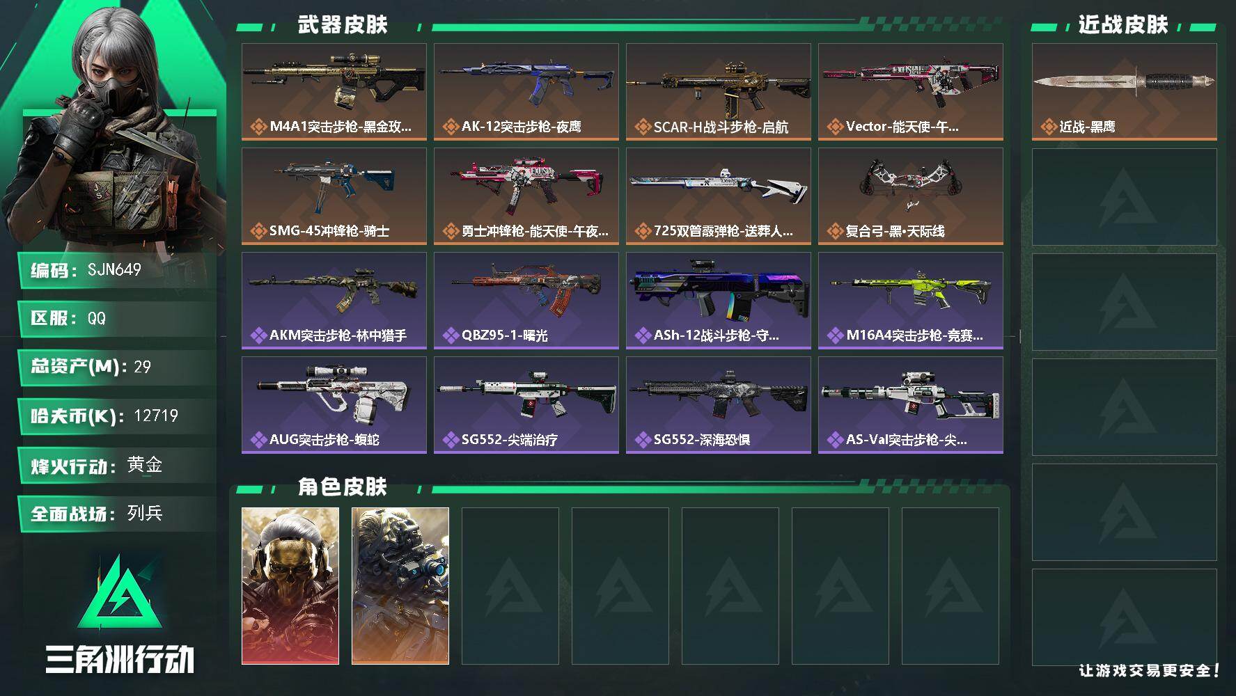 三角洲行动账号QQ【SJN649】总资产29M/哈夫币1271万/传说枪皮数8/战场等级24/行动等级60/安全箱等时效性道具以游戏内数据为准，详情请看图/红狼-蚀金玫瑰/无名-夜鹰/近战-黑鹰/M4A1突击步枪-蚀