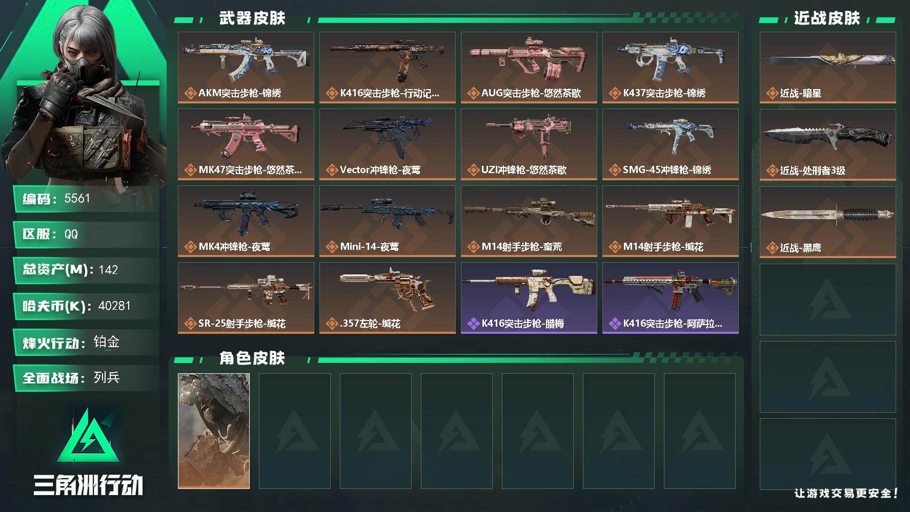 三角洲行动账号QQPX_2592088-142m总资产-40281k哈夫币-60烽火等级-铂金-15战场等级-列兵
【干员外观】：乌鲁鲁-荒原猎手
【近战皮肤】：近战-暗星，近战-处刑者3级，近战-黑鹰
【传