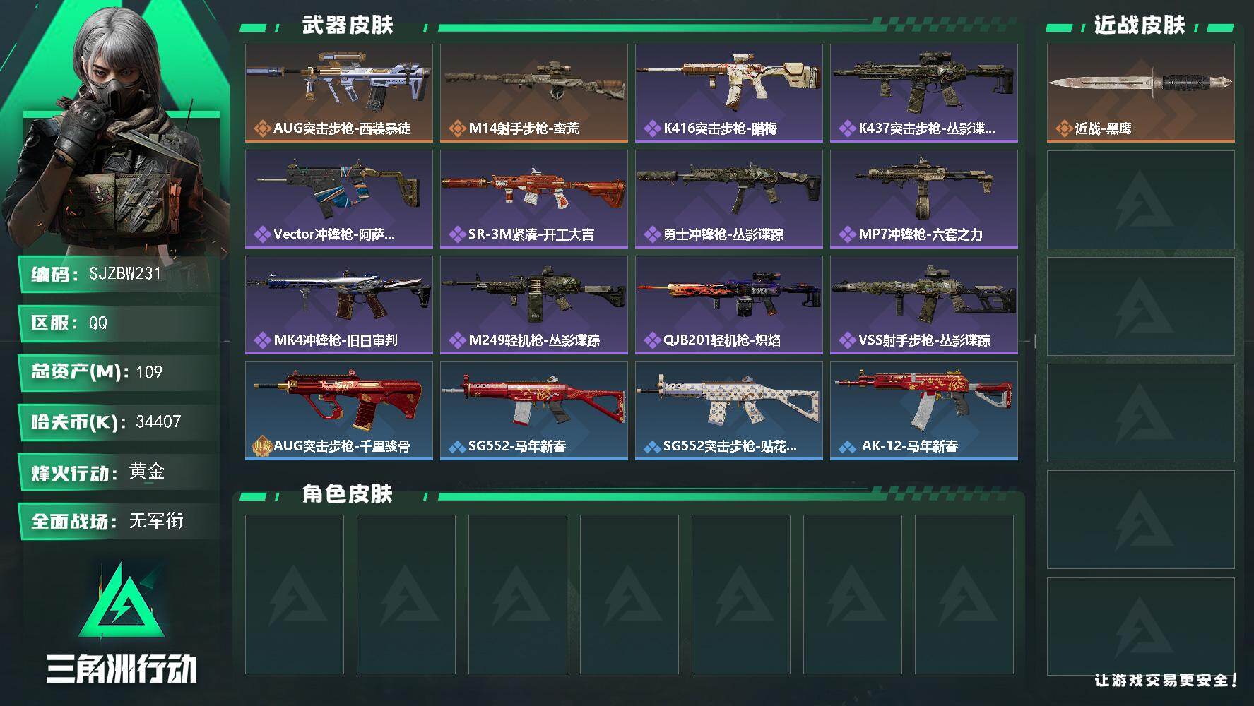 三角洲行动账号QQ【SJZBW231】总资产109M/哈夫币3440万/传说枪皮数2/战场等级1/行动等级50/安全箱等时效性道具以游戏内数据为准，详情请看图/近战-黑鹰/AUG突击步枪-西装暴徒/M14射手步枪-蛮