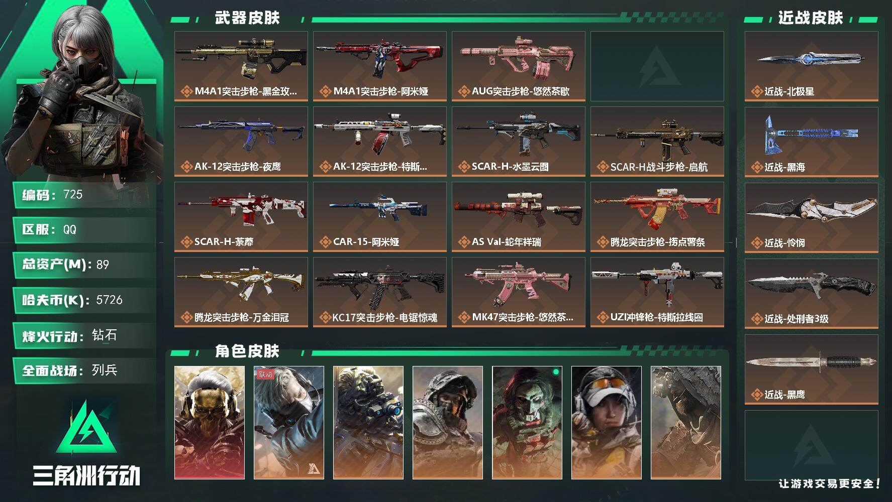 三角洲行动账号QQ【725】89m总资产-5726k哈夫币-60烽火等级-钻石-17战场等级-列兵
【干员外观】：红狼