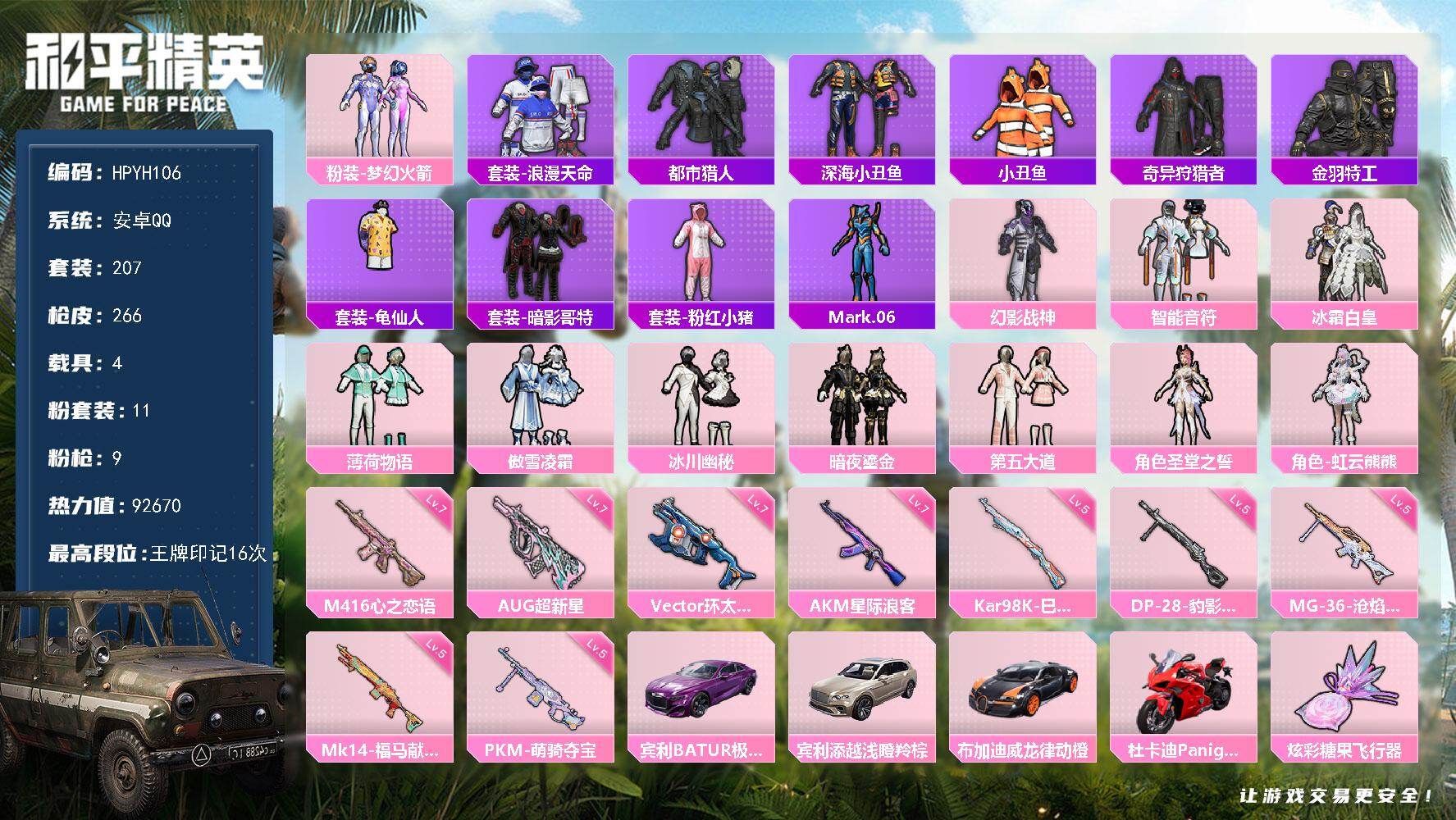 和平精英账号安卓QQ【HPYH106】207套装/枪械9/装备345/载具4/战备201/王牌印记16/热力值92670/七级AKM-星际浪客/七级M416-心之恋语/七级AUG-超新星/七级Vector-环太平洋/五