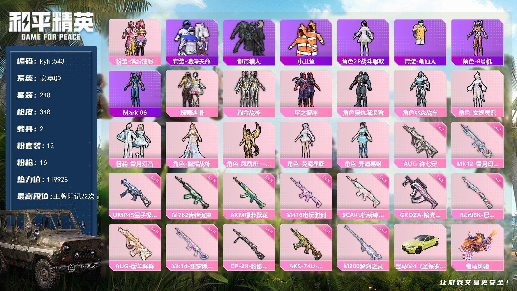 和平精英账号安卓QQ安卓 手Q-12粉装-16特效枪-2载具-4粉色飞行器-119928热力值-22王牌印记-248套装