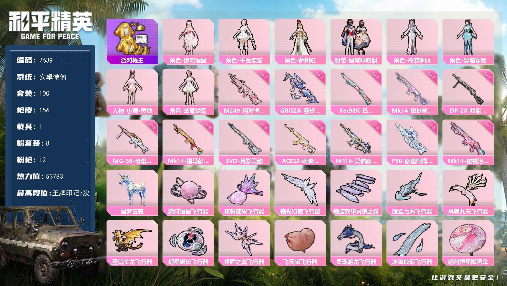 和平精英账号安卓微信【2639】【精品公主号女号·小裙子多·黑丝·小舞·绝对恒星·千金淑猫·1马皮·12特效枪·WX所有社交场景限制可自行解除】
安卓微信-8粉装-12特效枪-1载具-12粉色飞行器-53783热力值-7