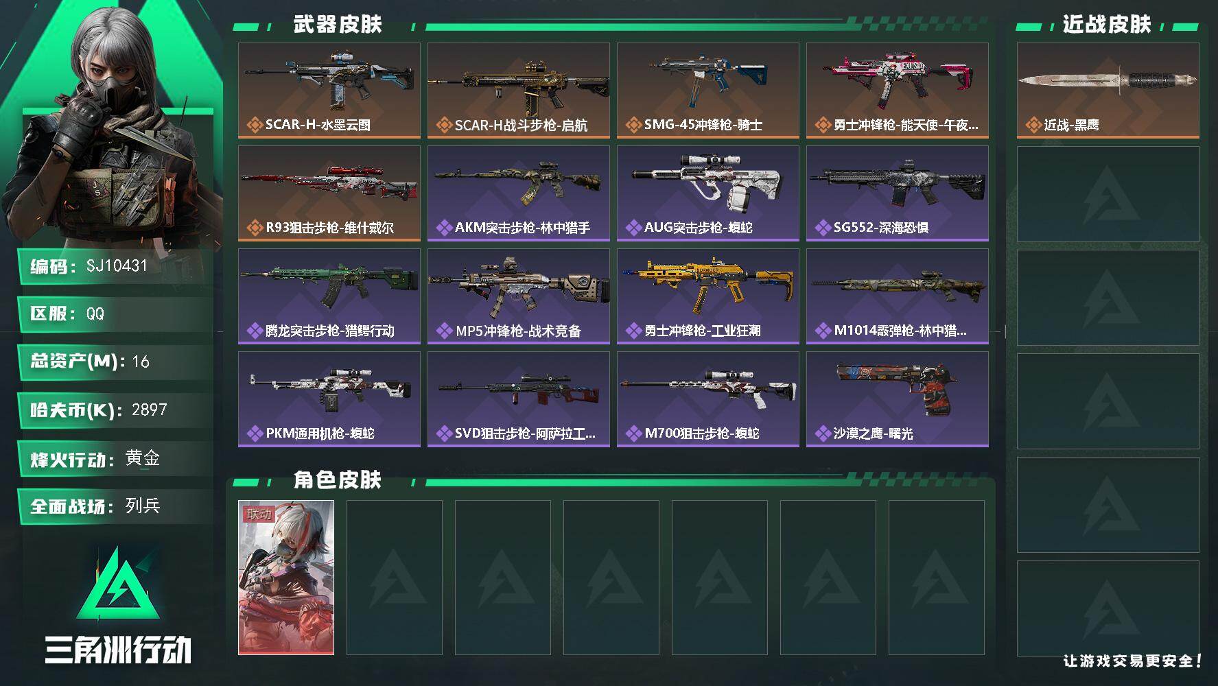 三角洲行动账号QQ【SJ10431】总资产16M/哈夫币289万/传说枪皮数5/战场等级17/行动等级60/安全箱等时效性道具以游戏内数据为准，详情请看图/骇爪-维什戴尔/近战-黑鹰/SCAR-H战斗步枪-水墨云图/