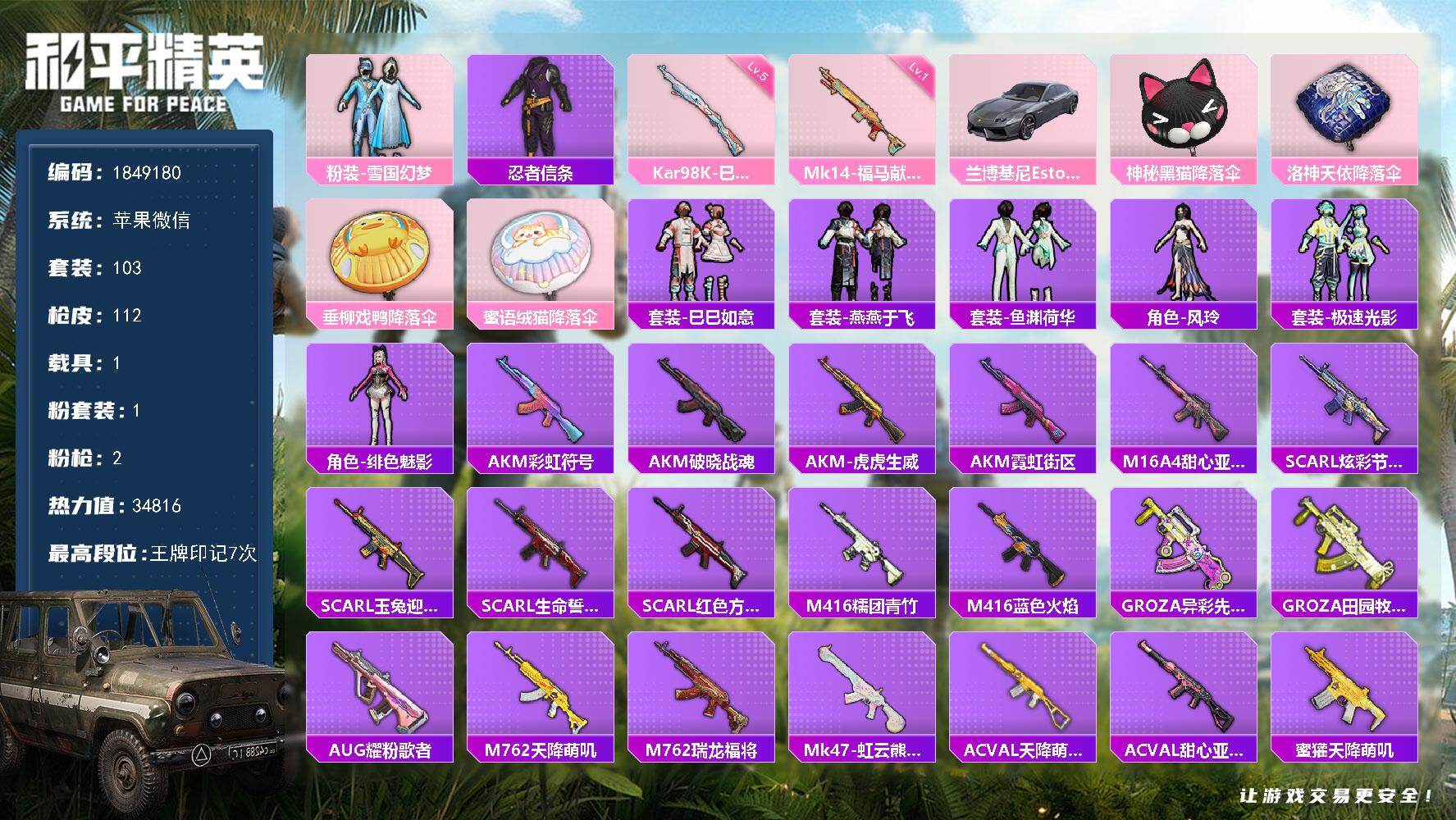 和平精英账号苹果微信W16698  可立即换绑无需挂单养号  微信有社交限制 苹果微信-1粉装-2特效枪-1载具-34816热力值-7王牌印记-103套装-112枪皮
【热门品类】：粉装-雪国幻梦，套装-忍者信条
【粉色