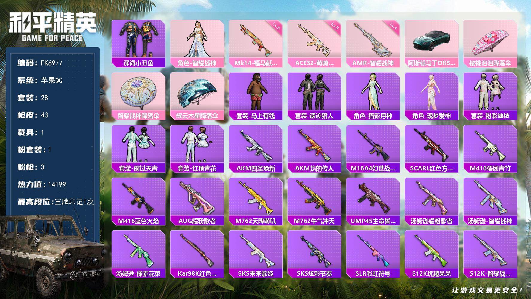 和平精英账号苹果QQ【FK6977】28套装/枪械3/装备41/载具1/战备29/王牌印记1/热力值14199/五级AC