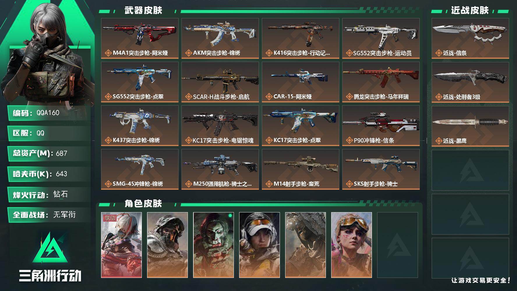 三角洲行动账号QQQQA160/可二次/QQ区【高资产高特勤猛攻号】【特勤仓库9级其他全满级】【687M总资产】+【近