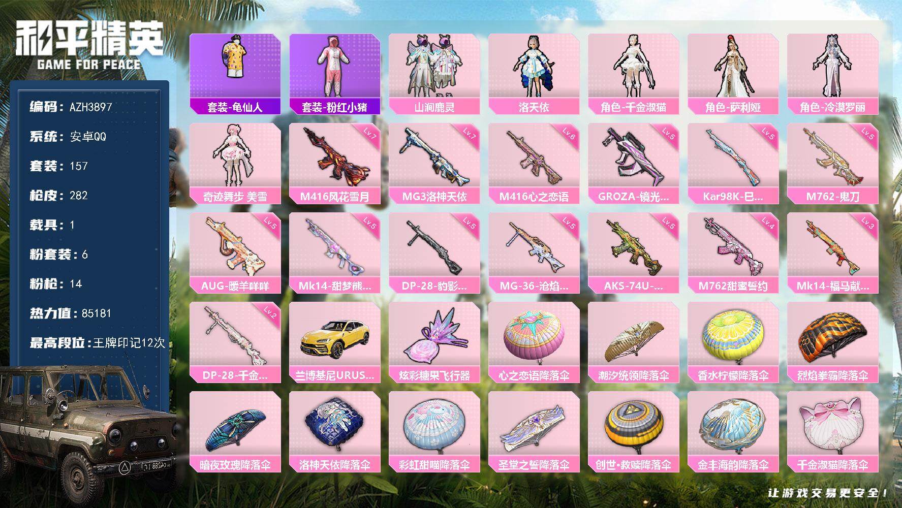 和平精英账号安卓QQ安卓手Q【洛天依千金淑猫美雪 满级风花雪月M416 洛神天依MG3 1载具】6粉装-14特效枪-1载具-1粉色飞行器-85181热力值-12王牌印记-157套装-282枪皮
【热门品类】：套装-龟仙人